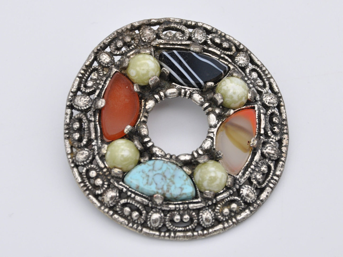 Vintage Miracle Silver Tone Faux Agate Brooch / Pendant - Celtic / Scottish / Circle / Glass Stone / Branded / Costume Jewellery