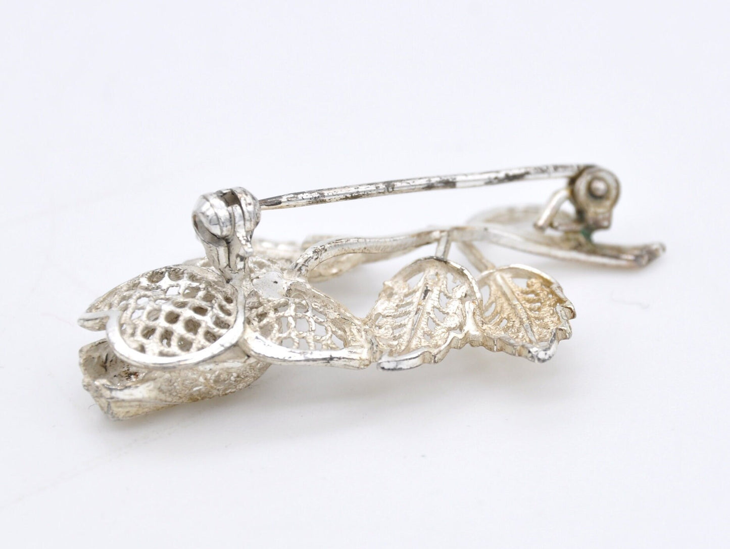 Vintage Sterling Silver Filigree Flower Brooch - Floral / Detailed / 925 / Leaf / Mid-Century