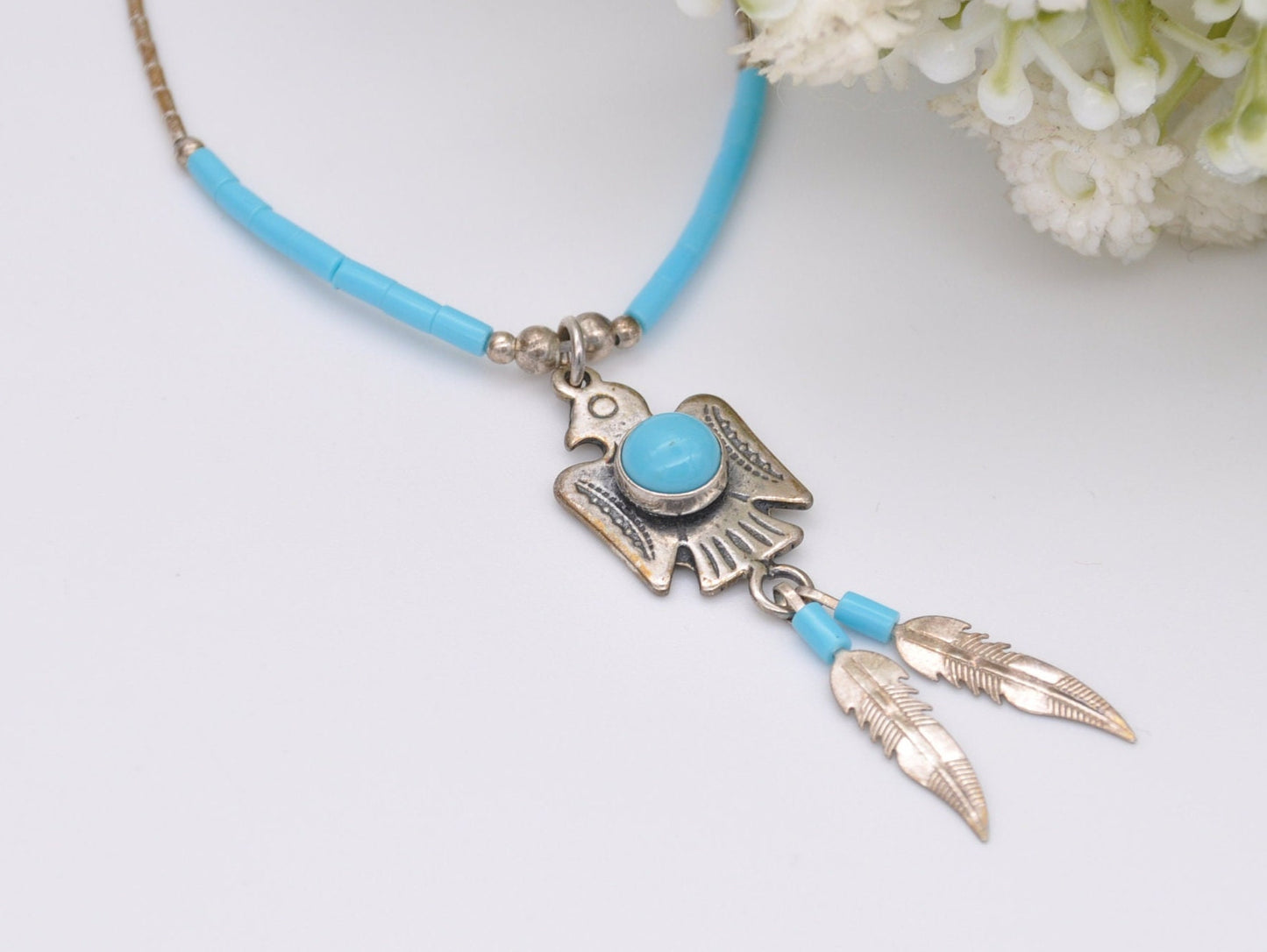 Vintage Silver Thunderbird Necklace Navajo - Native Bird / Feathers / Turquoise Blue Glass / Delicate Pendant / 925 Sterling Silver