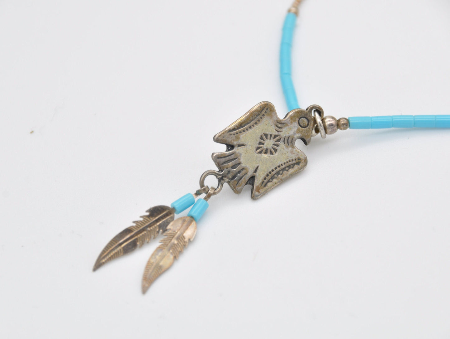 Vintage Silver Thunderbird Necklace Navajo - Native Bird / Feathers / Turquoise Blue Glass / Delicate Pendant / 925 Sterling Silver