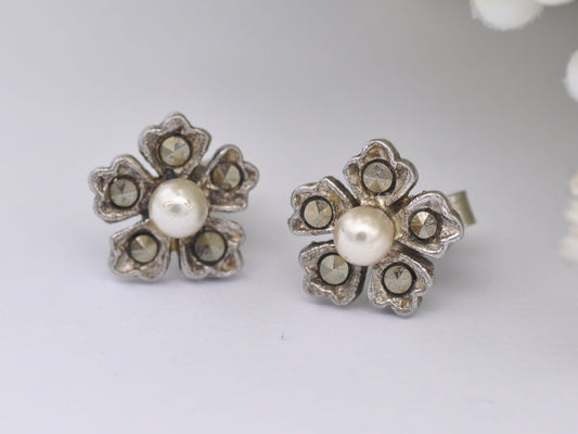 Vintage Marcasite and Faux Pearl Silver Tone Earrings - Floral | Flower | Push Back | Butterfly | Stud