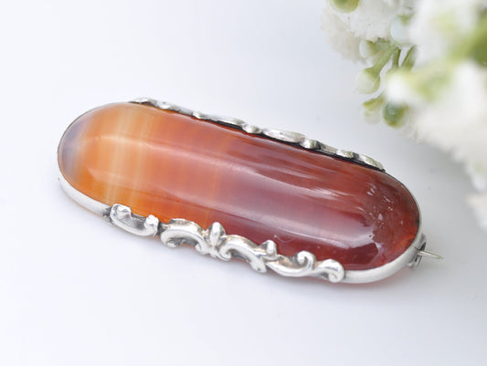 Victorian Silver and Carnelian Brooch - Scottish Agate / Detailed / Ornate / Red Stone / Statement / Pin