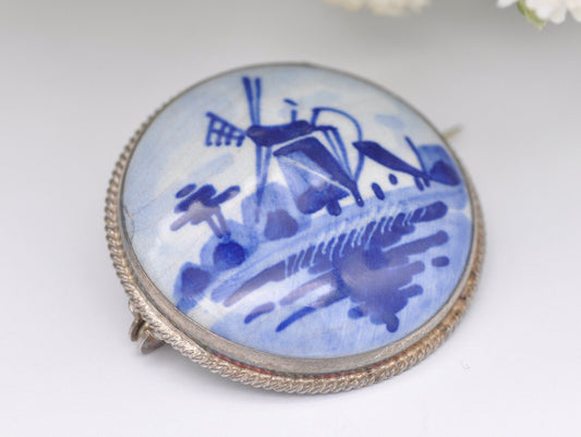 Vintage 835 Silver Delft Porcelain Brooch