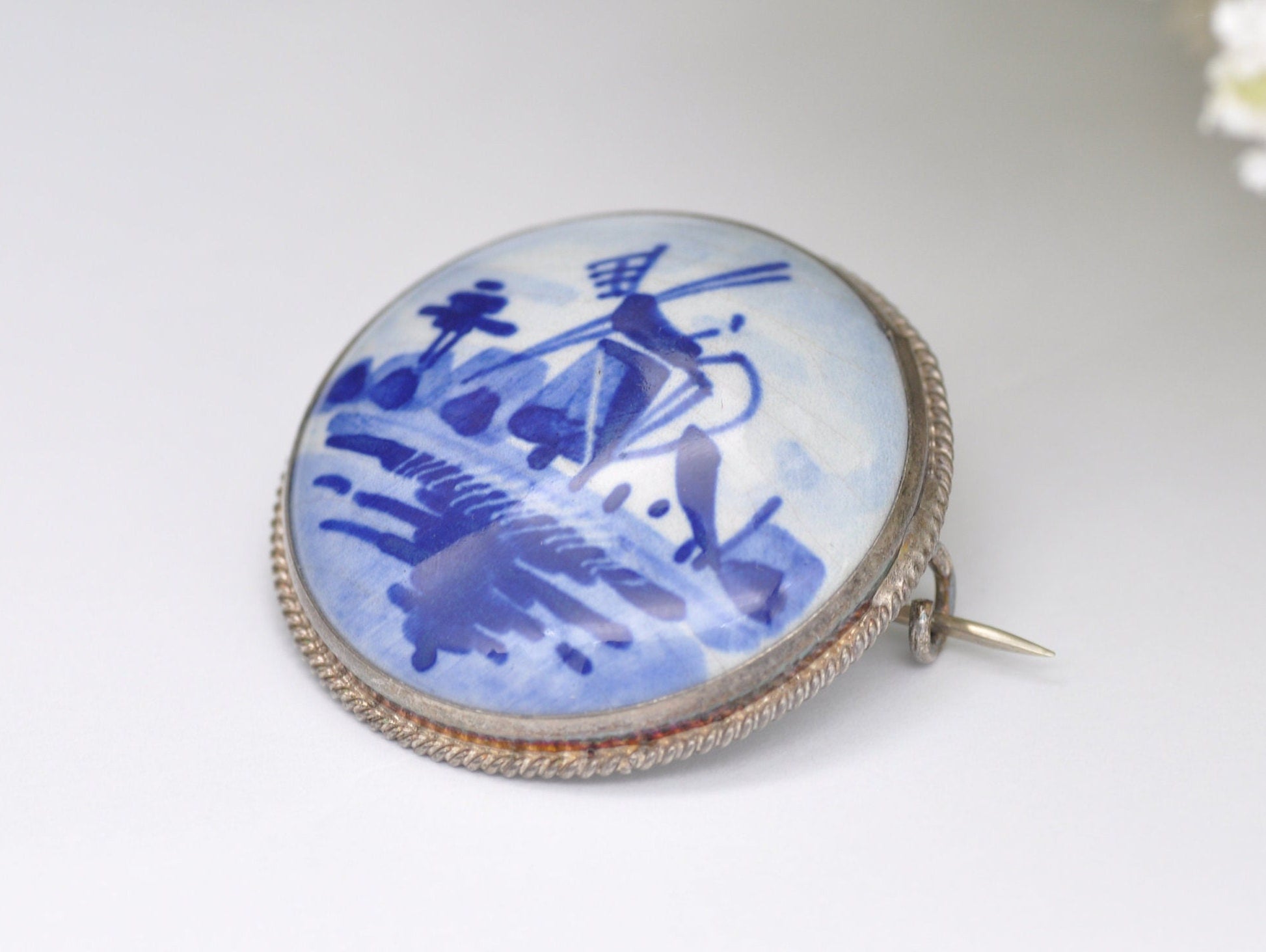 Vintage 835 Silver Delft Porcelain Brooch