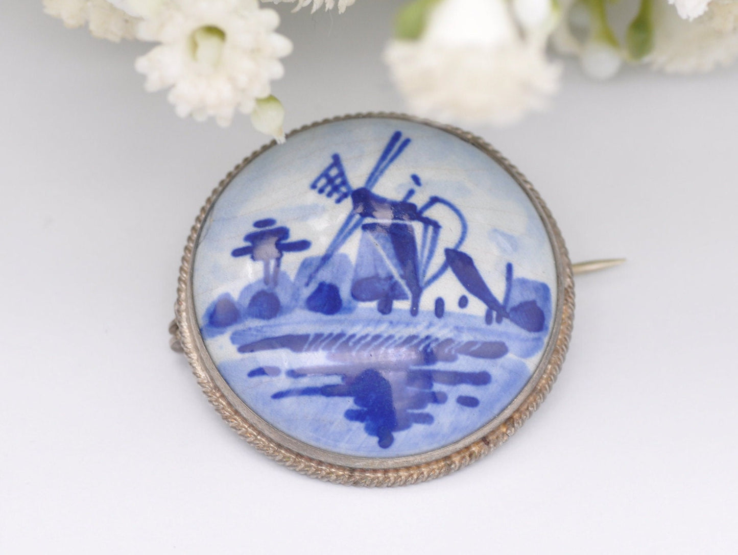 Vintage 835 Silver Delft Porcelain Brooch