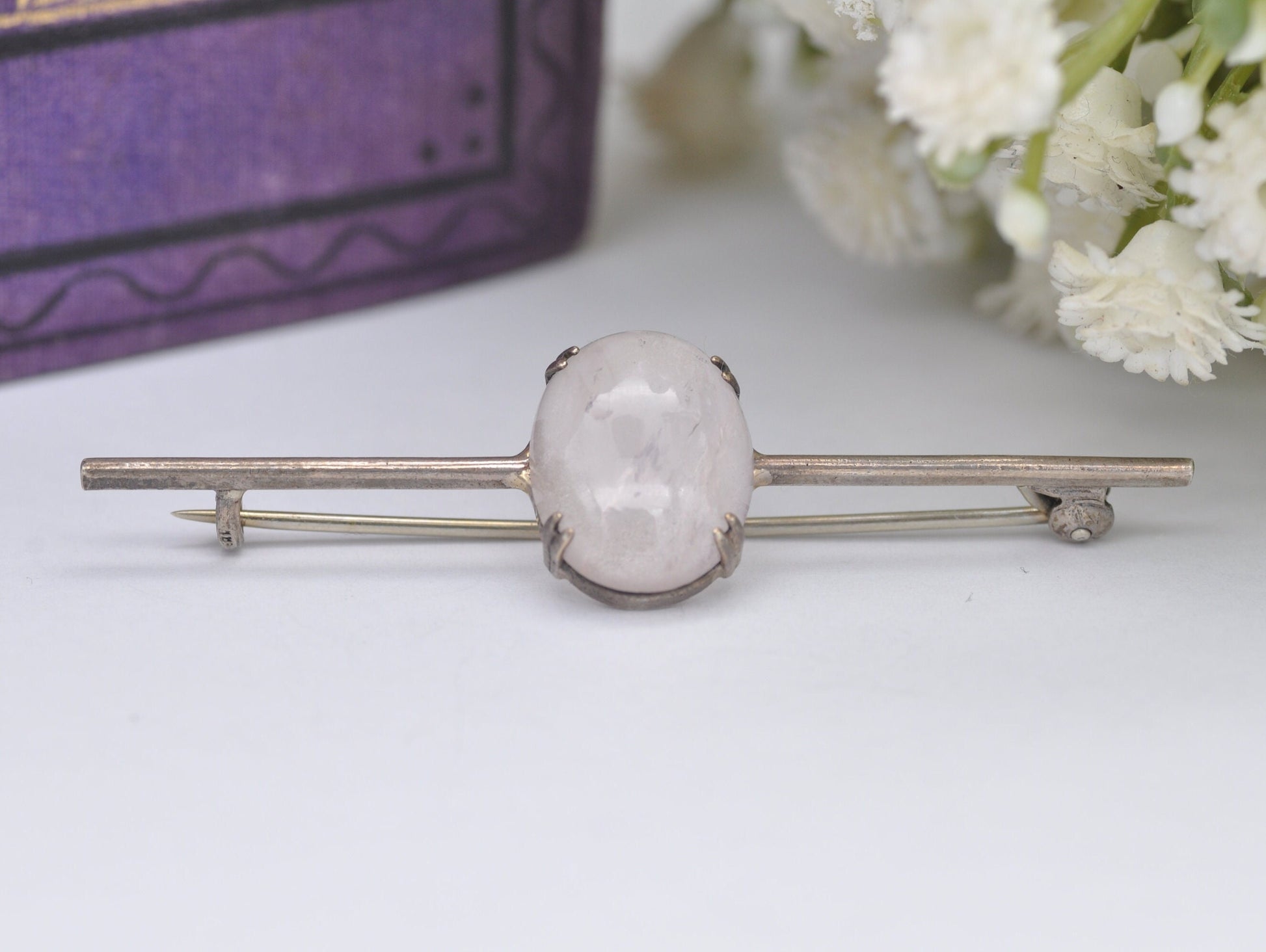 Vintage Silver and Rose Quartz Bar Brooch