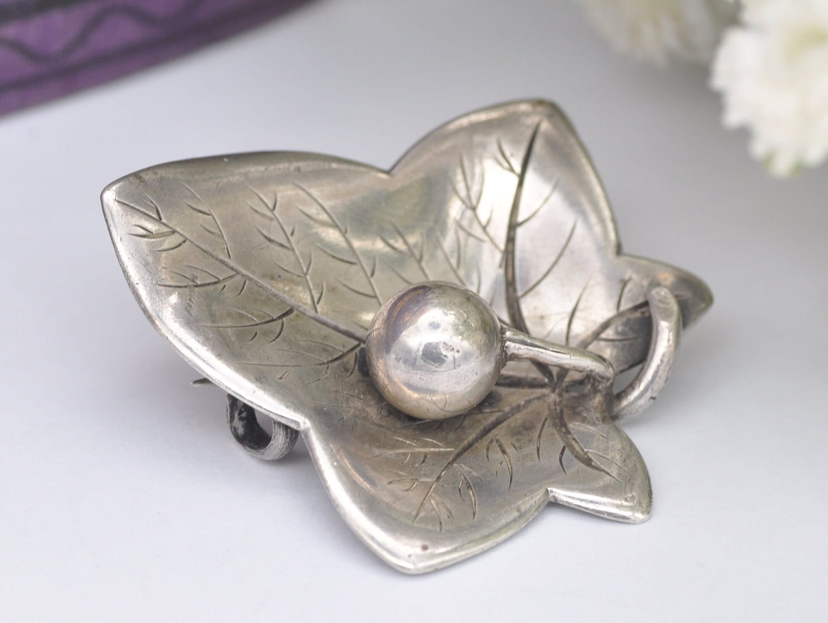 Antique Silver Leaf and Berry Brooch