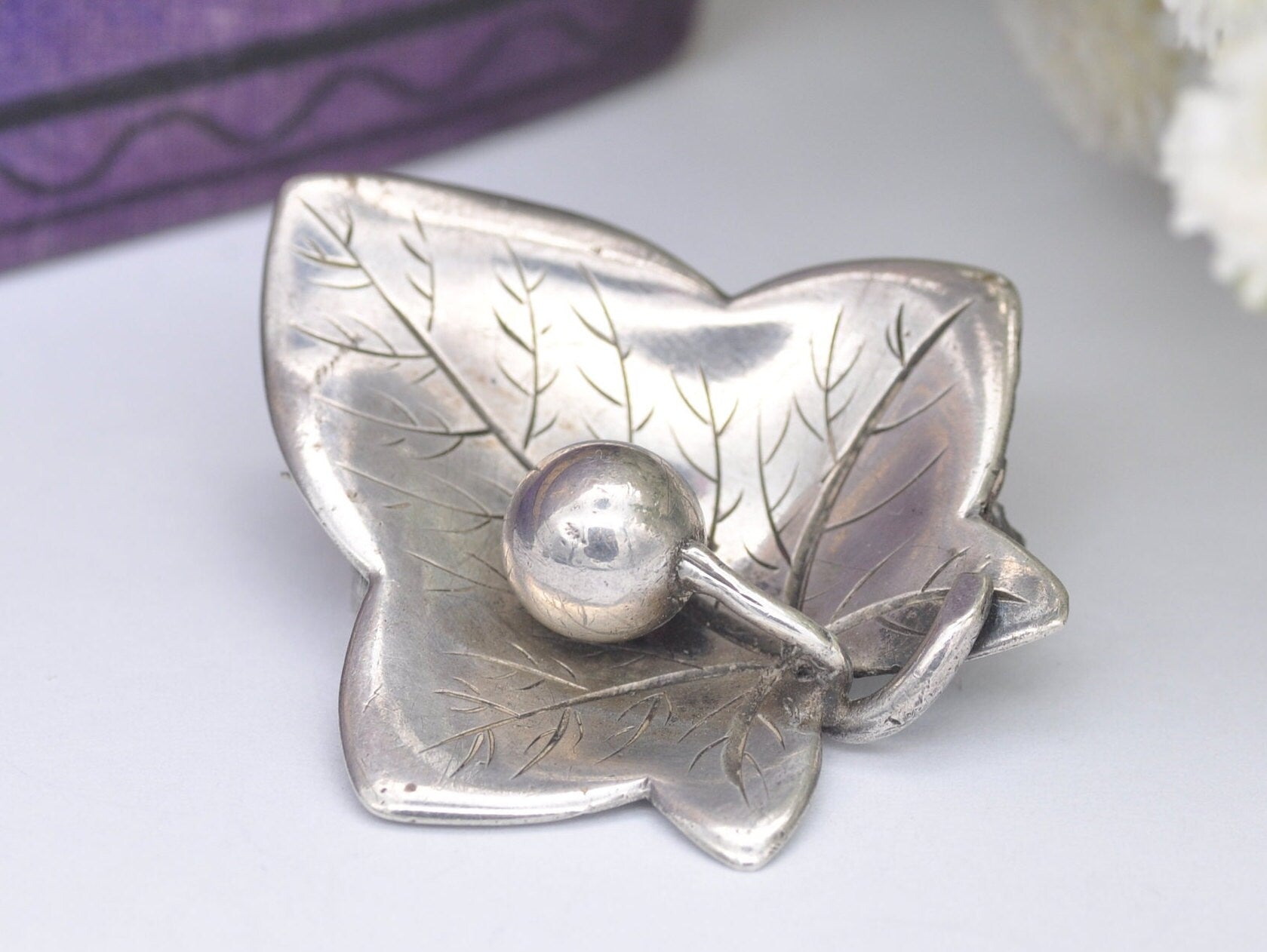 Antique Silver Leaf and Berry Brooch