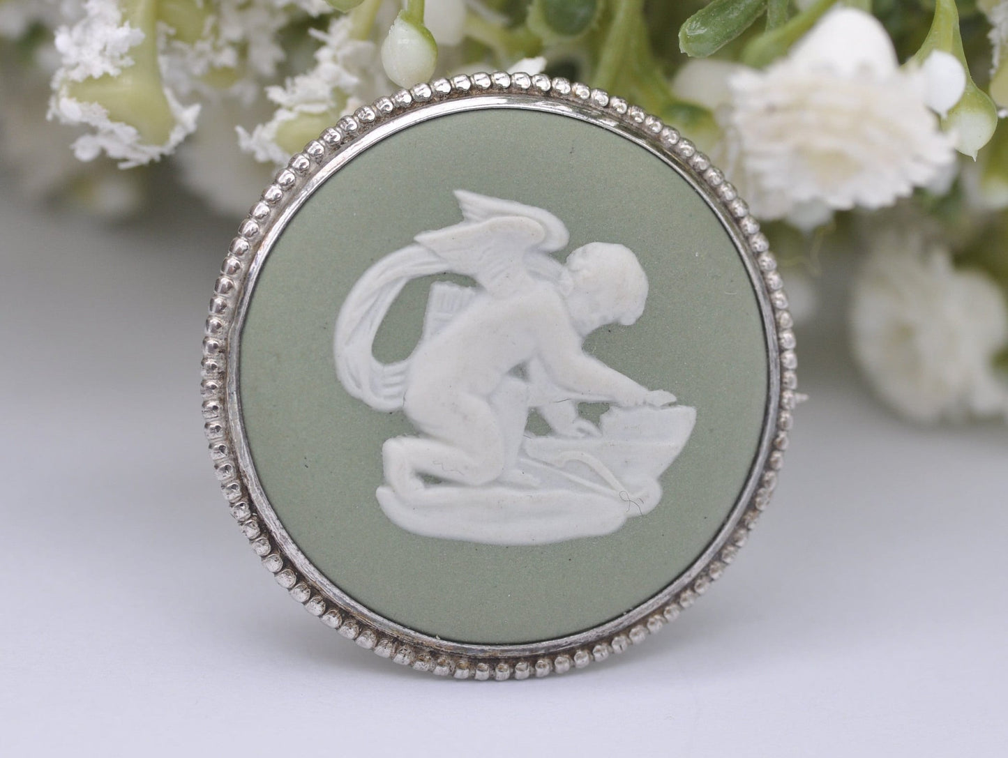 Vintage Sterling Silver and Wedgwood Green Jasperware Cupid Brooch