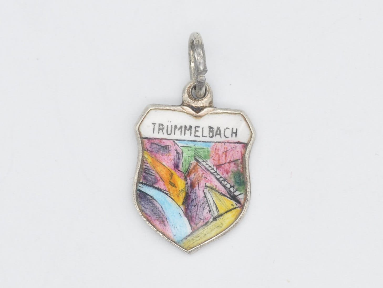 Vintage Silver and Enamel Trummelbach Waterfall Souvenir Shield Charm / Pendant