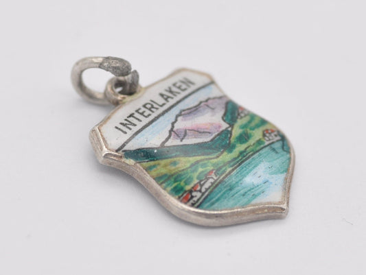 Vintage Silver and Enamel Interlaken Souvenir Shield Charm / Pendant - Switzerland / Tourist / Swiss / Travel / Charm Bracelet / 800