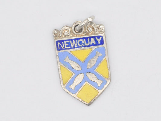 Vintage Sterling Silver Newquay Enamel Souvenir Shield Charm / Pendant - England / Cornwall / Tourist / 925 / Charm Bracelet / Scrap Book