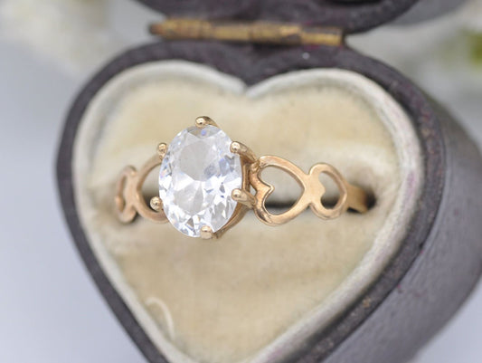 Vintage 9ct Gold and CZ Solitaire Ring - Heart Shoulders / Statement / Engagement / Cubic Zirconia / UK Size - O 1/2 / US Size - 7 1/4