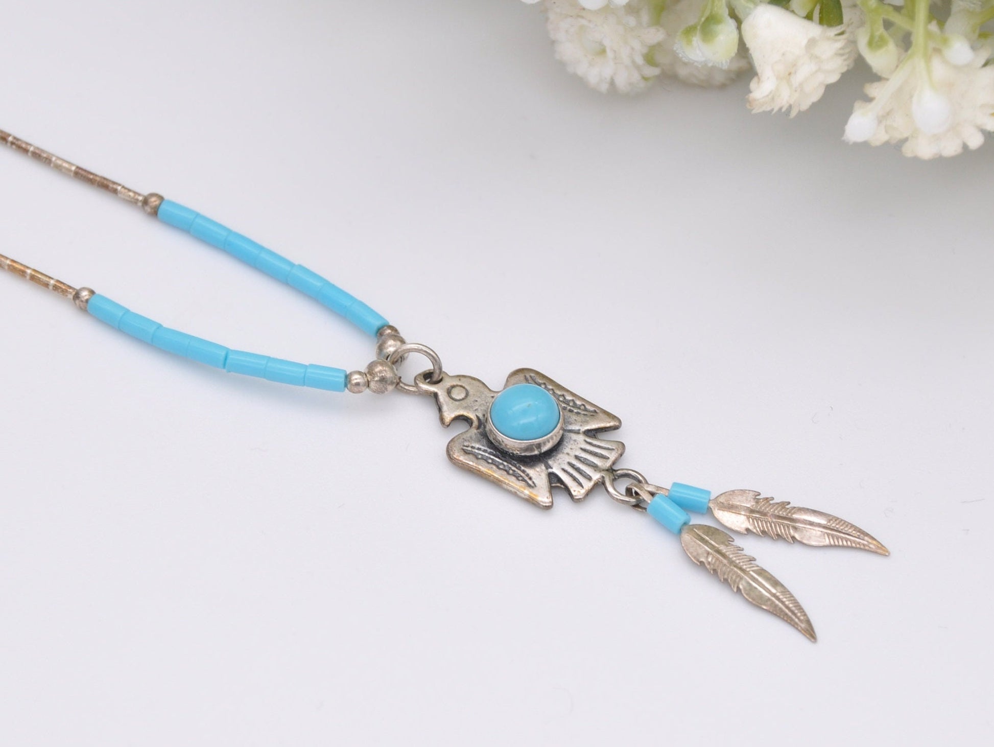 Vintage Silver Thunderbird Necklace Navajo - Native Bird / Feathers / Turquoise Blue Glass / Delicate Pendant / 925 Sterling Silver