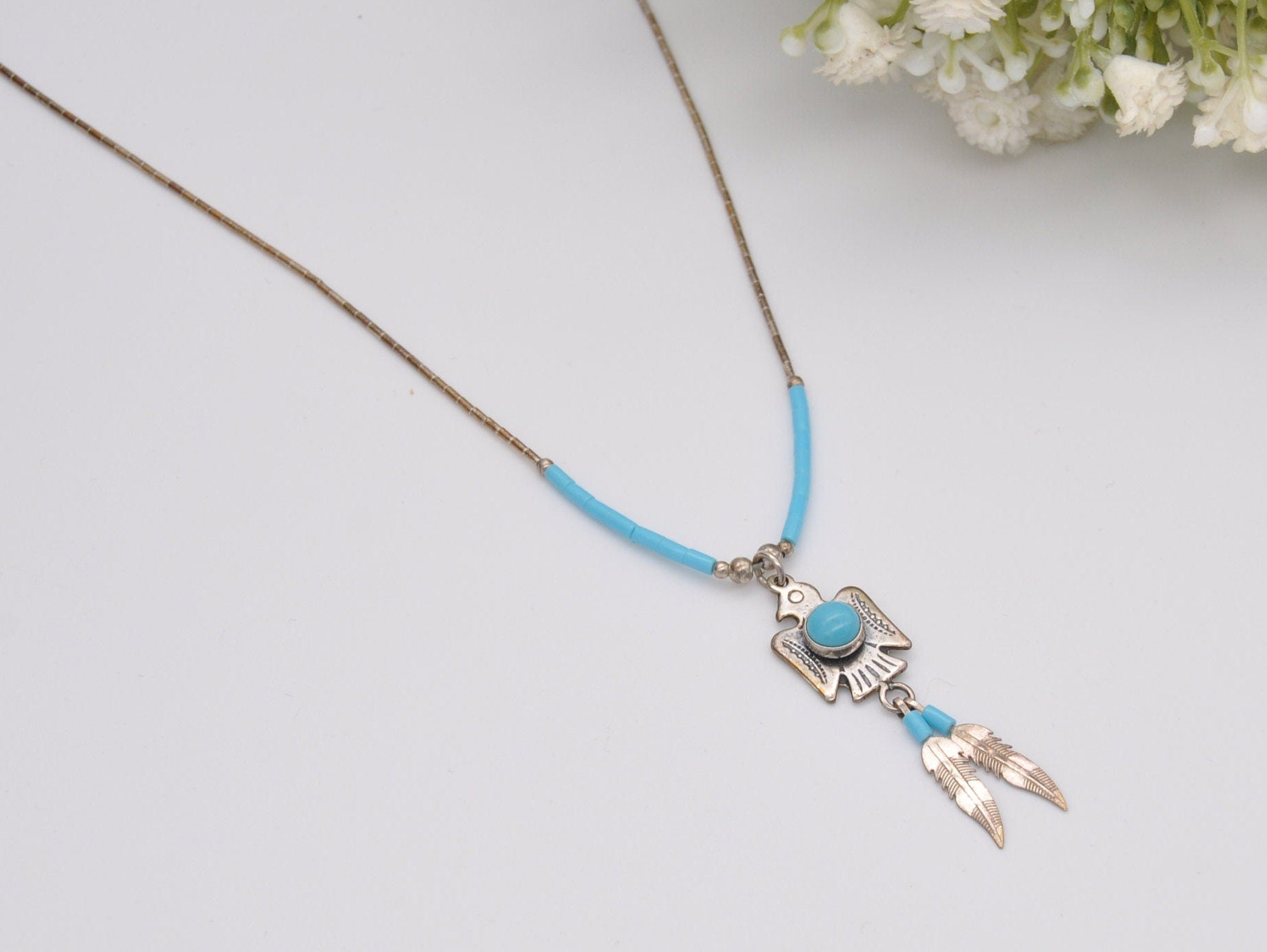 Vintage Silver Thunderbird Necklace Navajo - Native Bird / Feathers / Turquoise Blue Glass / Delicate Pendant / 925 Sterling Silver