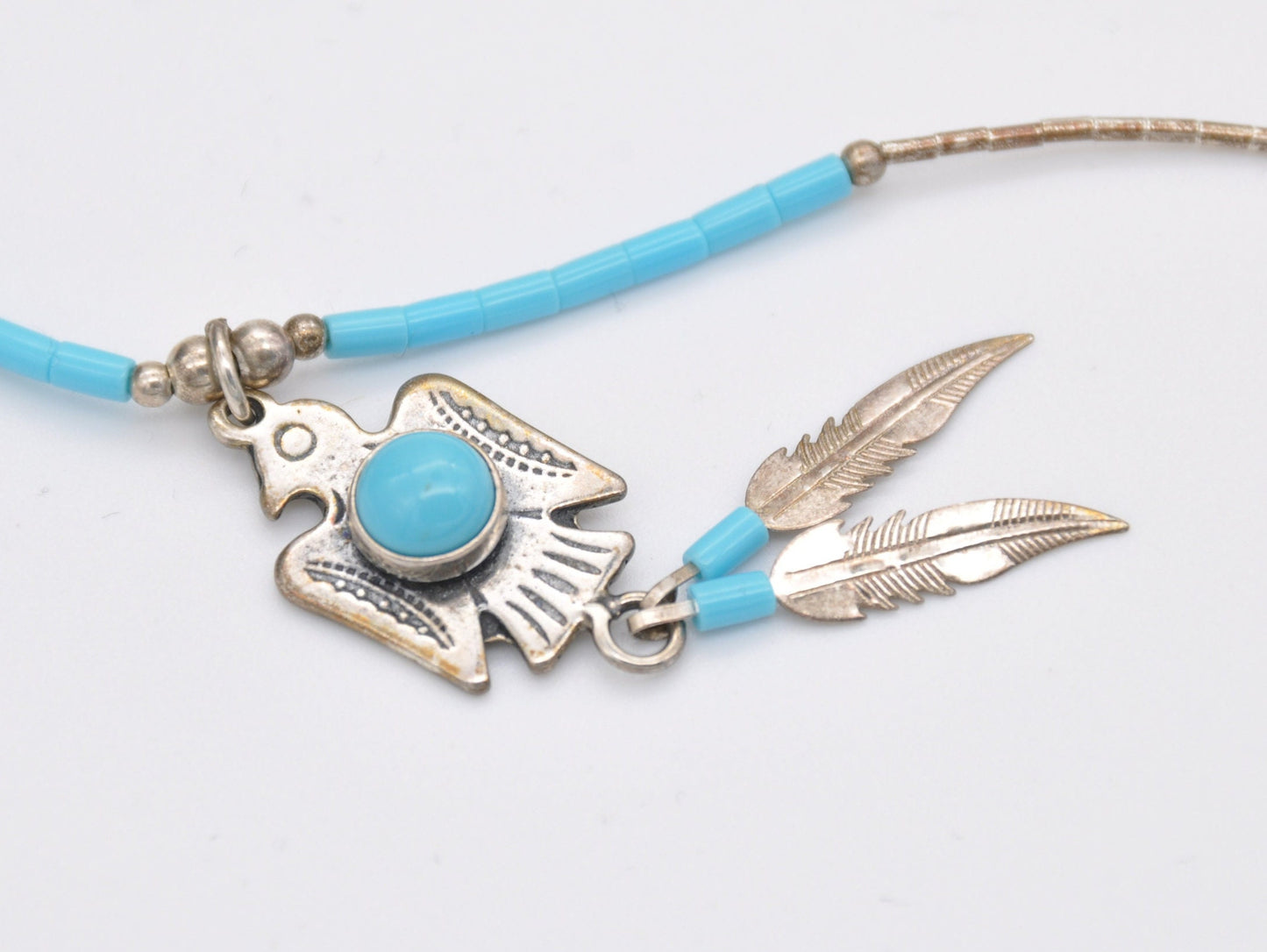 Vintage Silver Thunderbird Necklace Navajo - Native Bird / Feathers / Turquoise Blue Glass / Delicate Pendant / 925 Sterling Silver