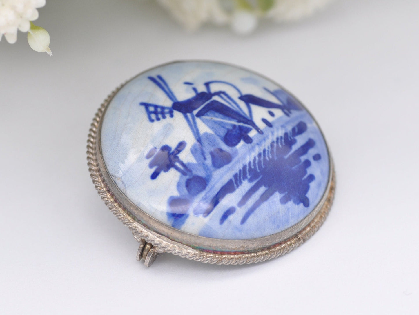 Vintage 835 Silver Delft Porcelain Brooch