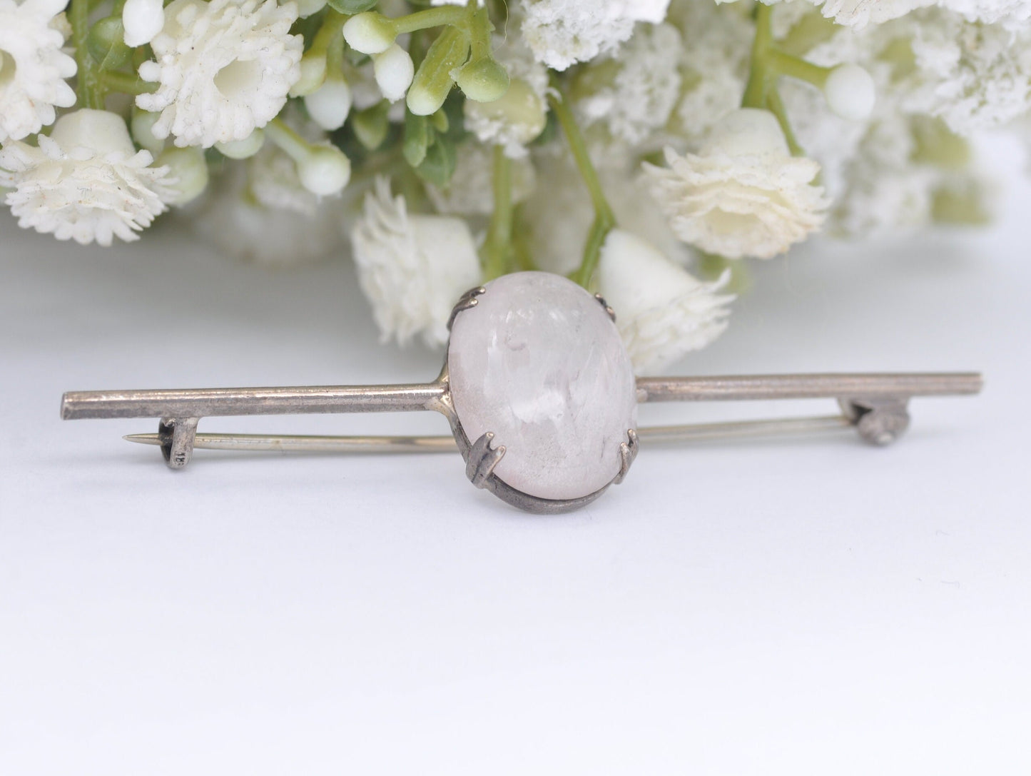 Vintage Silver and Rose Quartz Bar Brooch