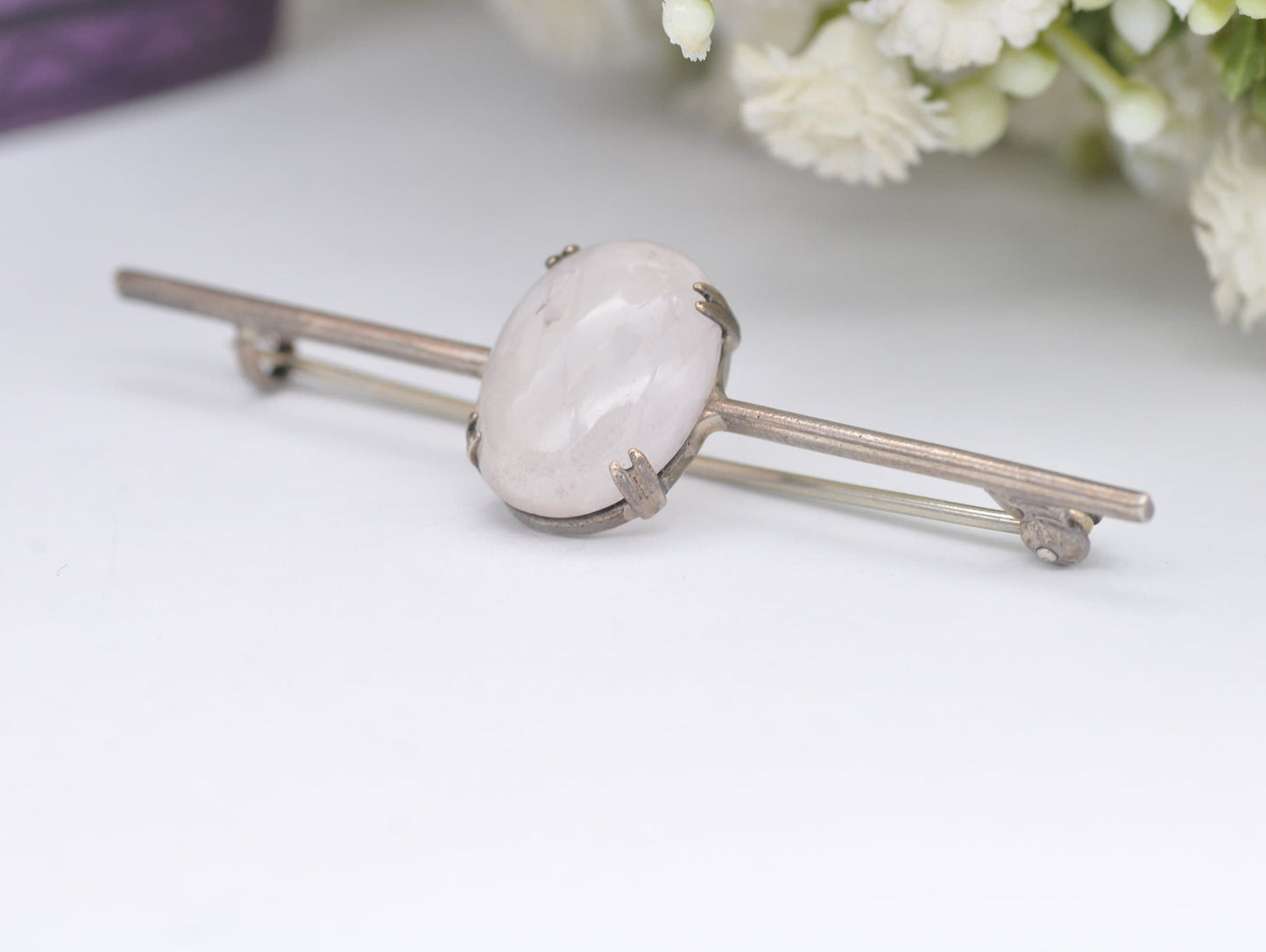 Vintage Silver and Rose Quartz Bar Brooch