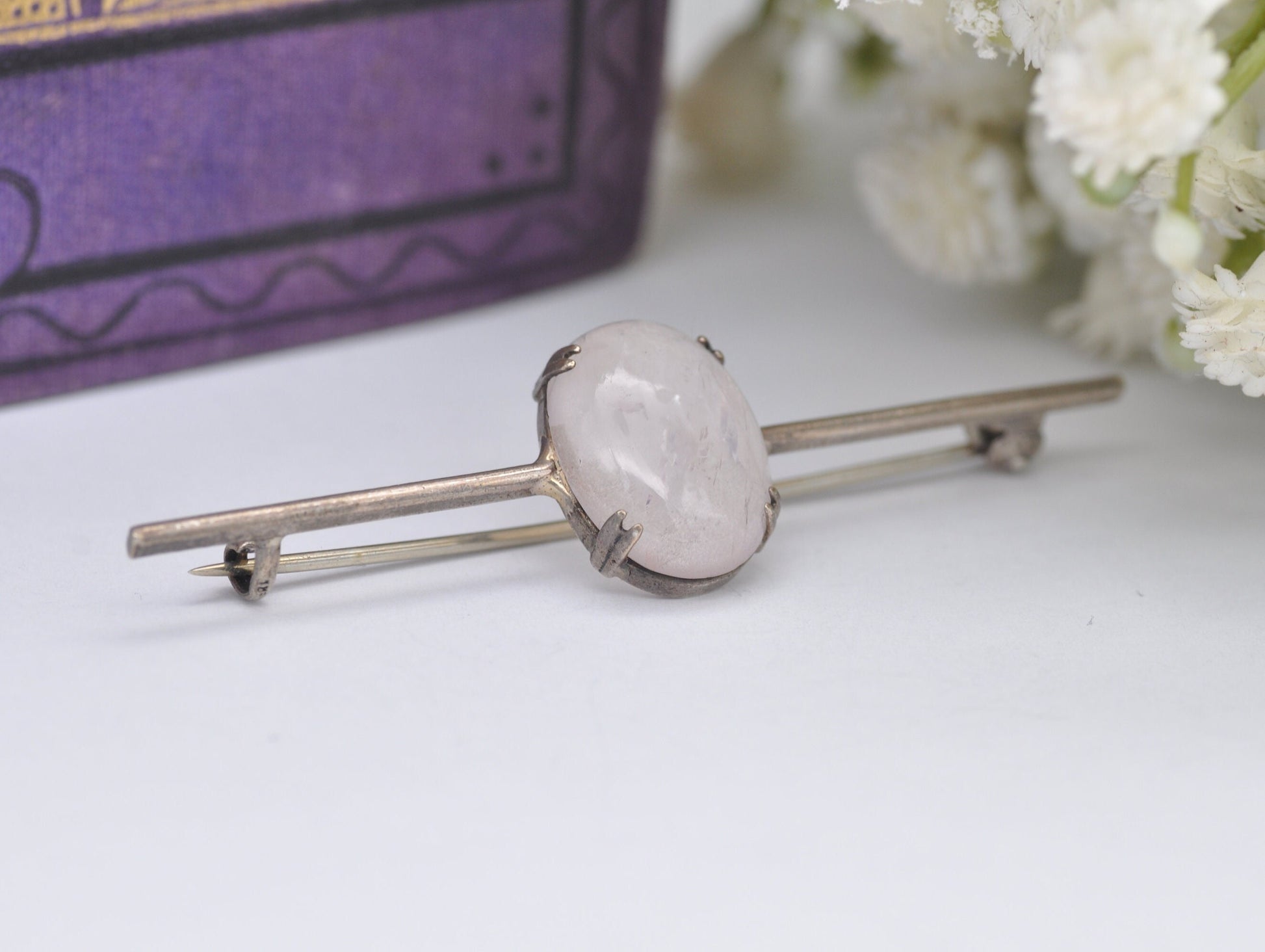 Vintage Silver and Rose Quartz Bar Brooch