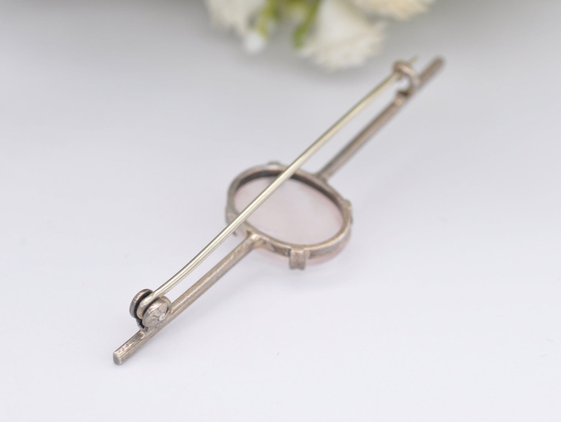 Vintage Silver and Rose Quartz Bar Brooch