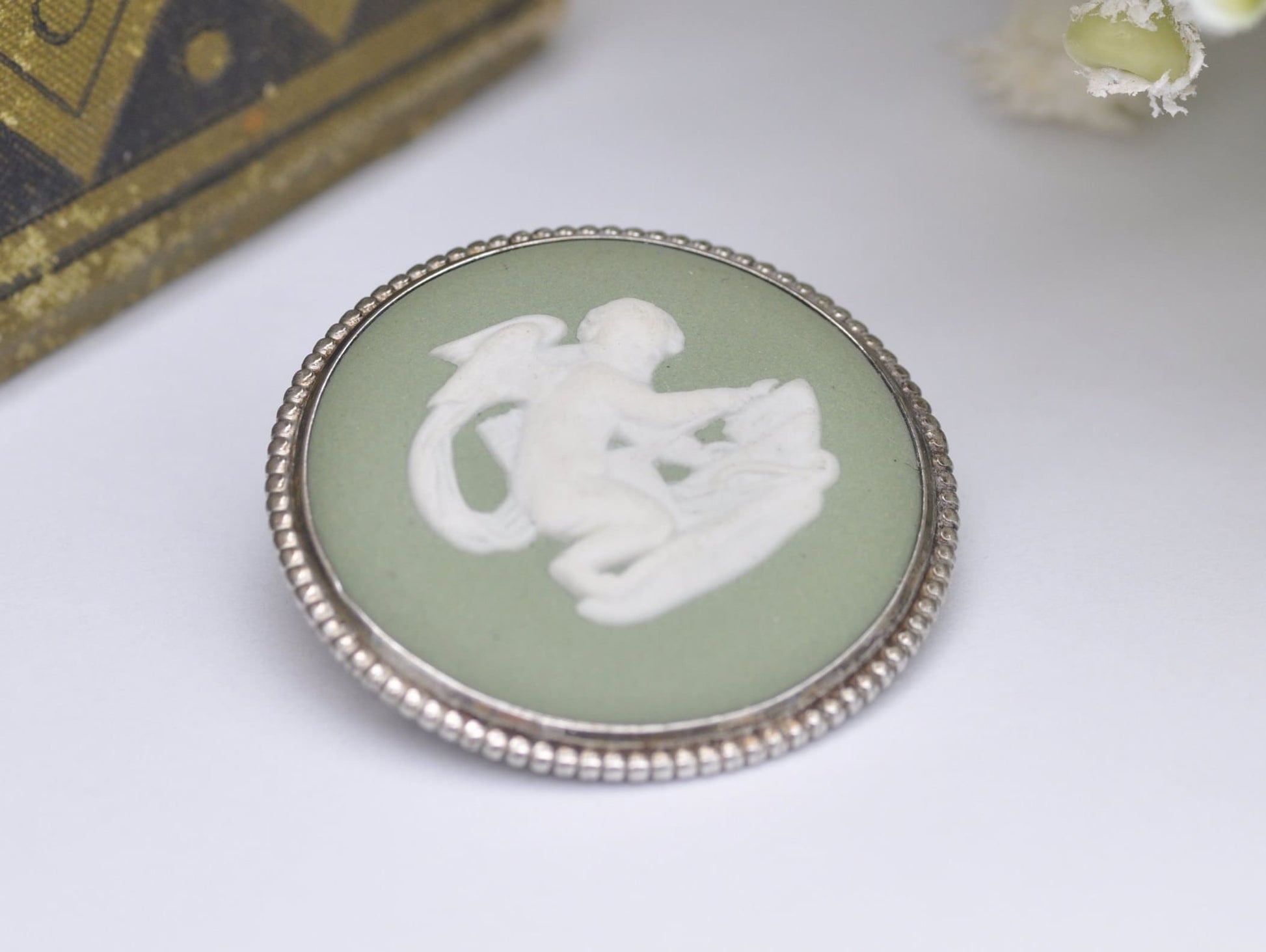 Vintage Sterling Silver and Wedgwood Green Jasperware Cupid Brooch