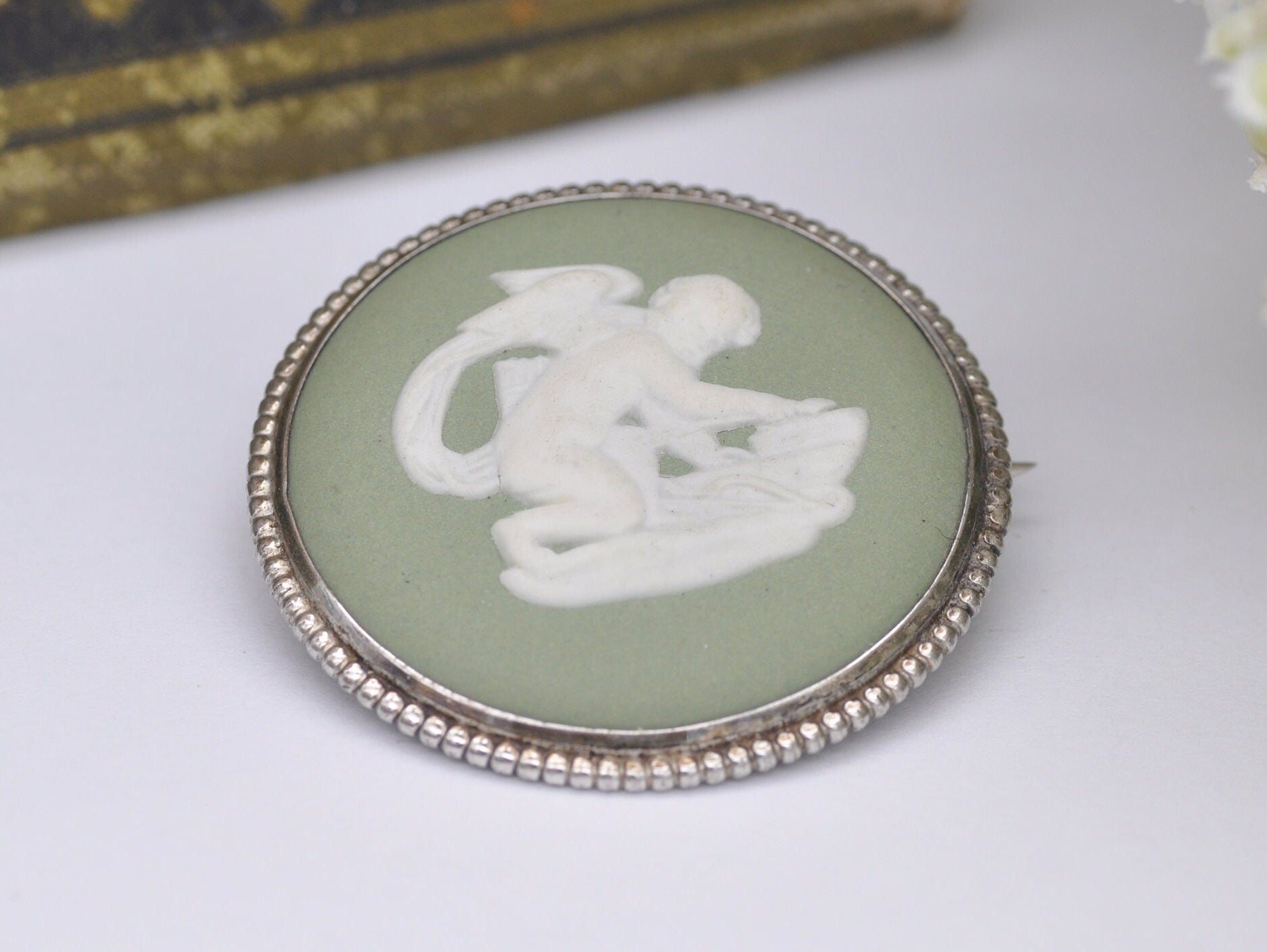 Vintage Sterling Silver and Wedgwood Green Jasperware Cupid Brooch