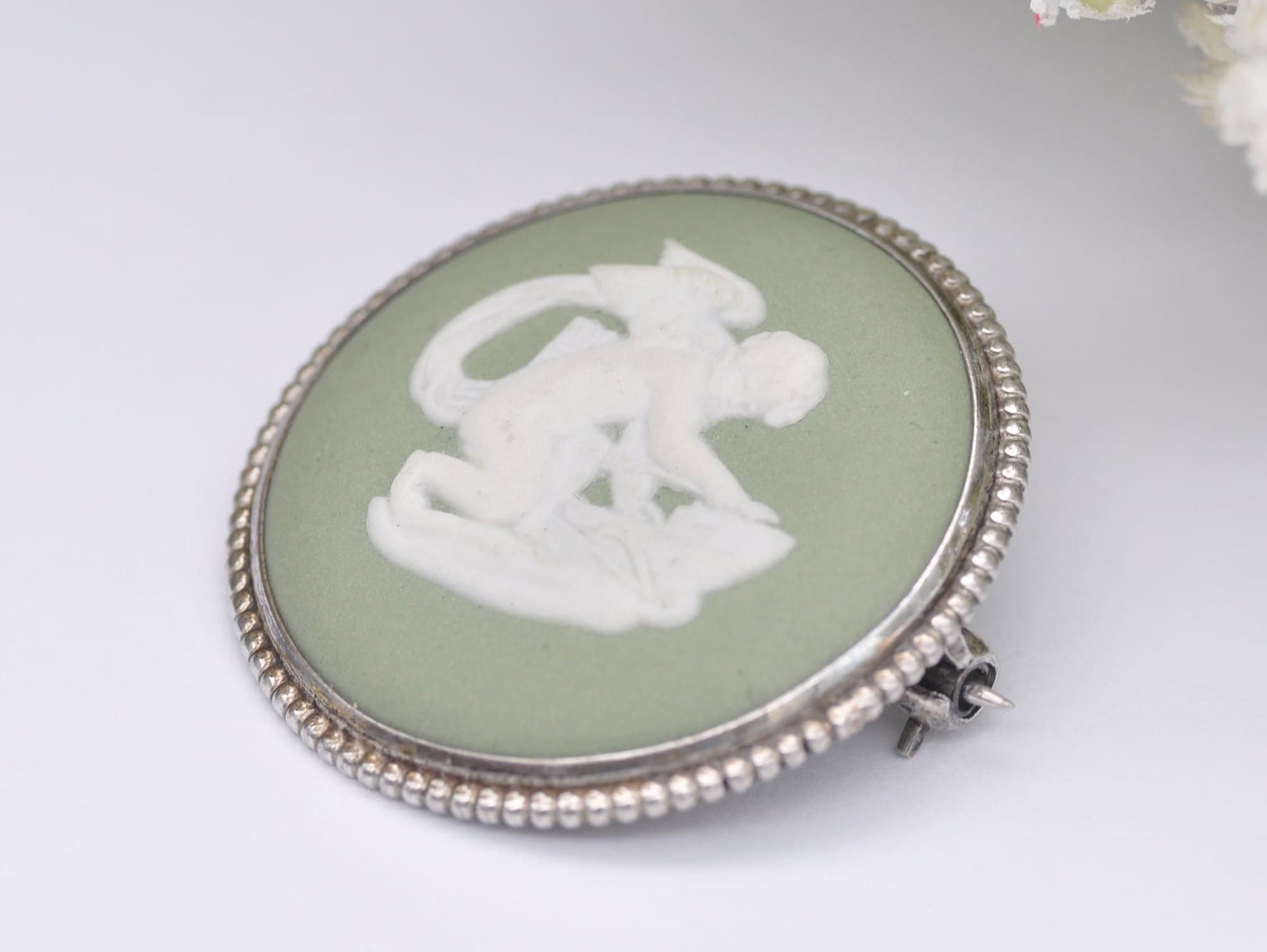 Vintage Sterling Silver and Wedgwood Green Jasperware Cupid Brooch