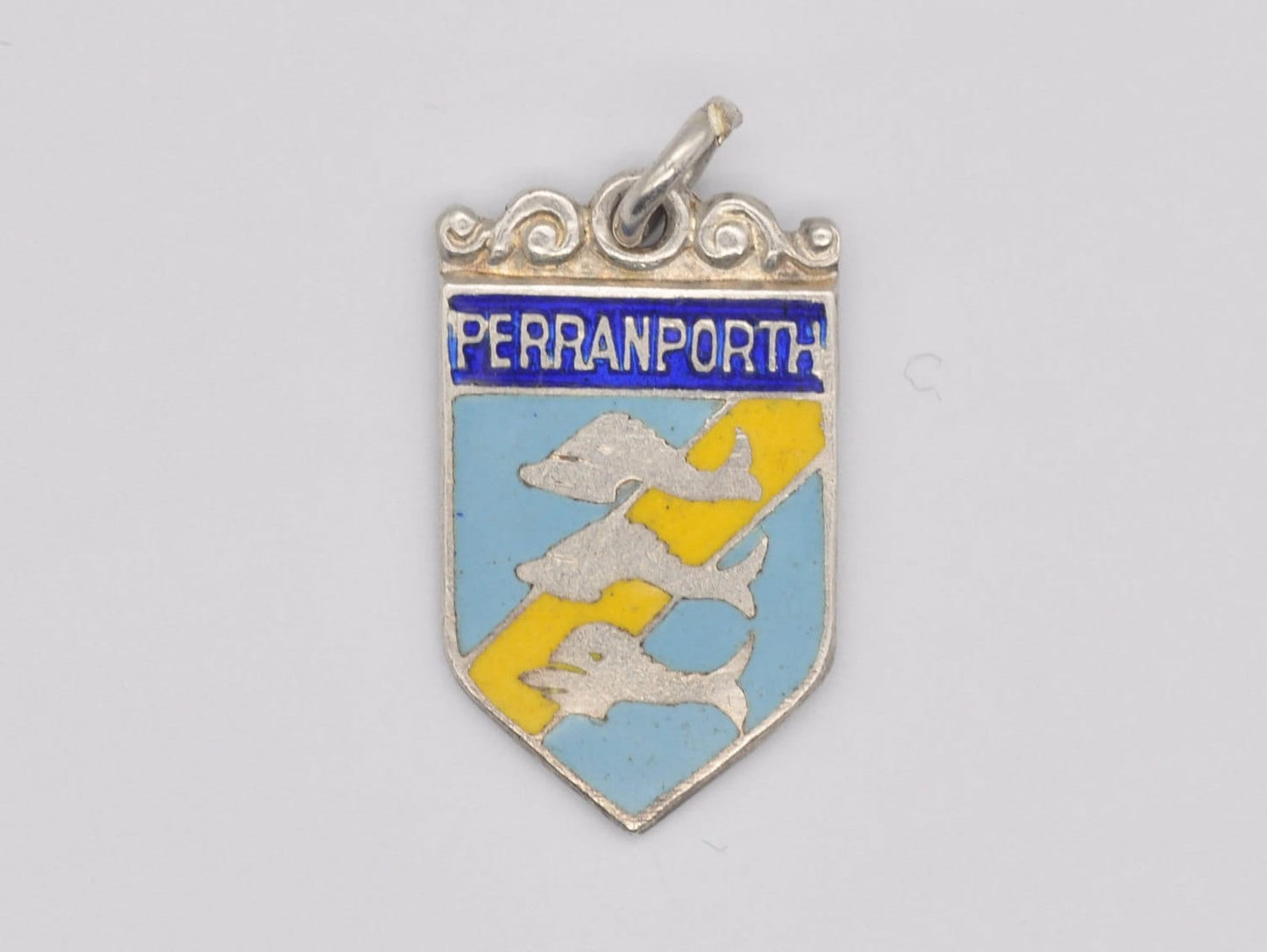 Vintage Sterling Silver Perranporth Enamel Souvenir Shield Charm / Pendant