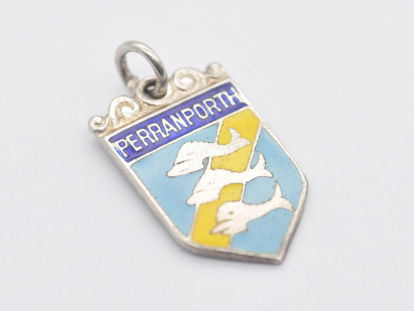 Vintage Sterling Silver Perranporth Enamel Souvenir Shield Charm / Pendant