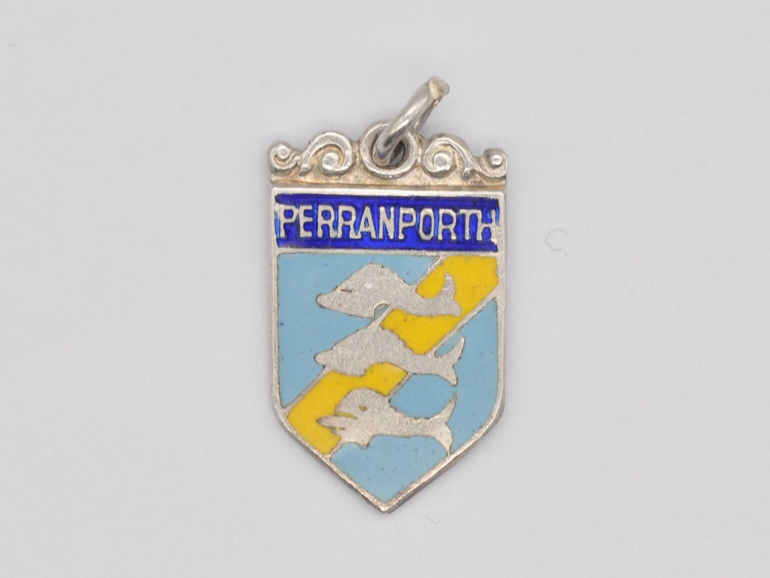 Vintage Sterling Silver Perranporth Enamel Souvenir Shield Charm / Pendant