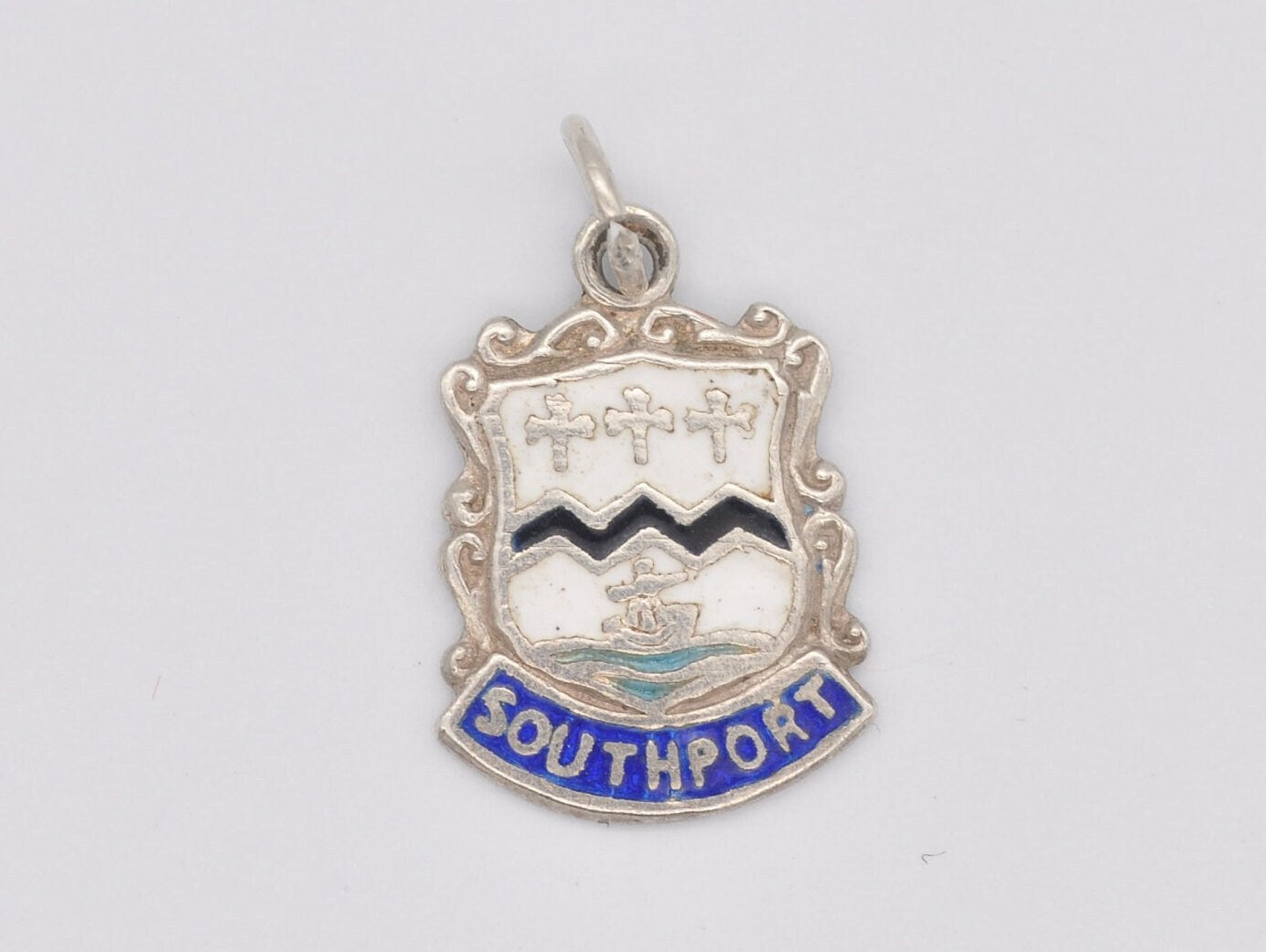 Vintage Sterling Silver Southport Enamel Souvenir Shield Charm / Pendant