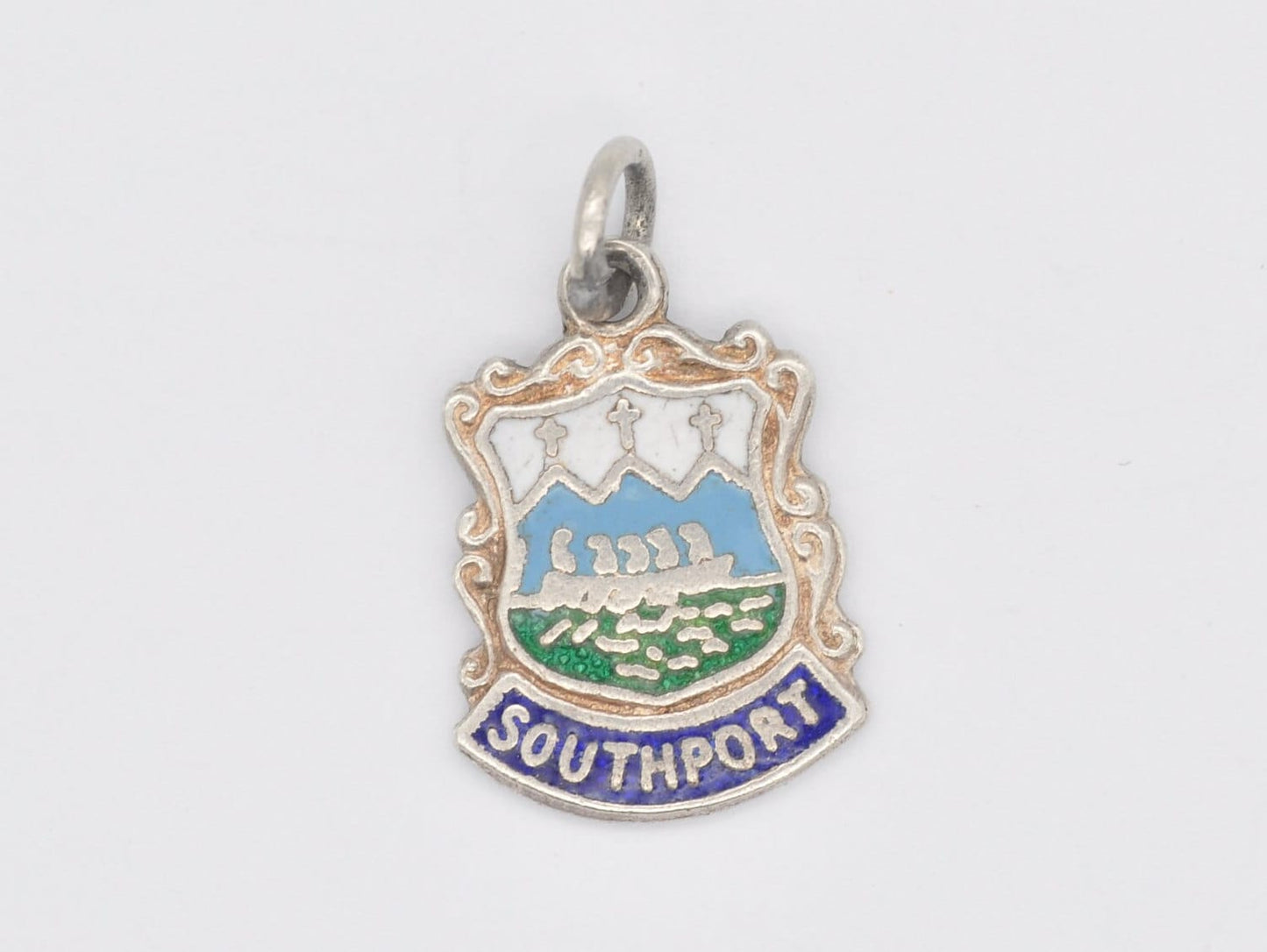 Vintage Sterling Silver Southport Enamel Souvenir Shield Charm / Pendant - England / Merseyside / Tourist / Charm Bracelet / Scrap Book