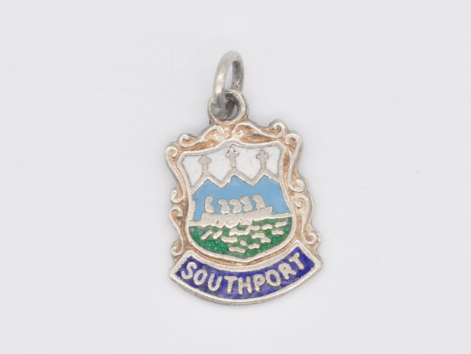 Vintage Sterling Silver Southport Enamel Souvenir Shield Charm / Pendant - England / Merseyside / Tourist / Charm Bracelet / Scrap Book