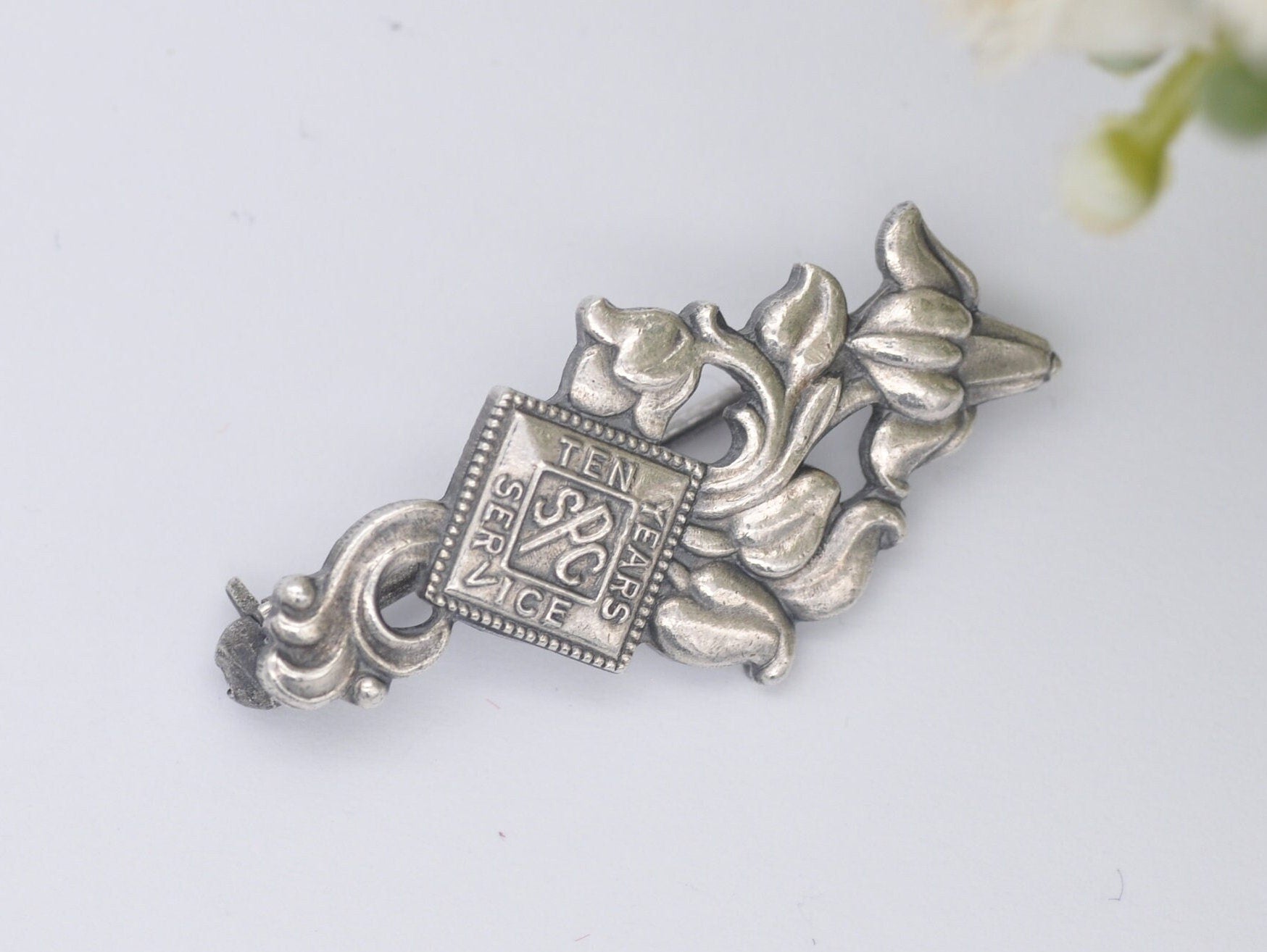 Vintage Sterling Silver 10 Year Service SPC Art Nouveau Style Brooch - Floral / Detailed / Interesting / 1986 / 1980s / 925