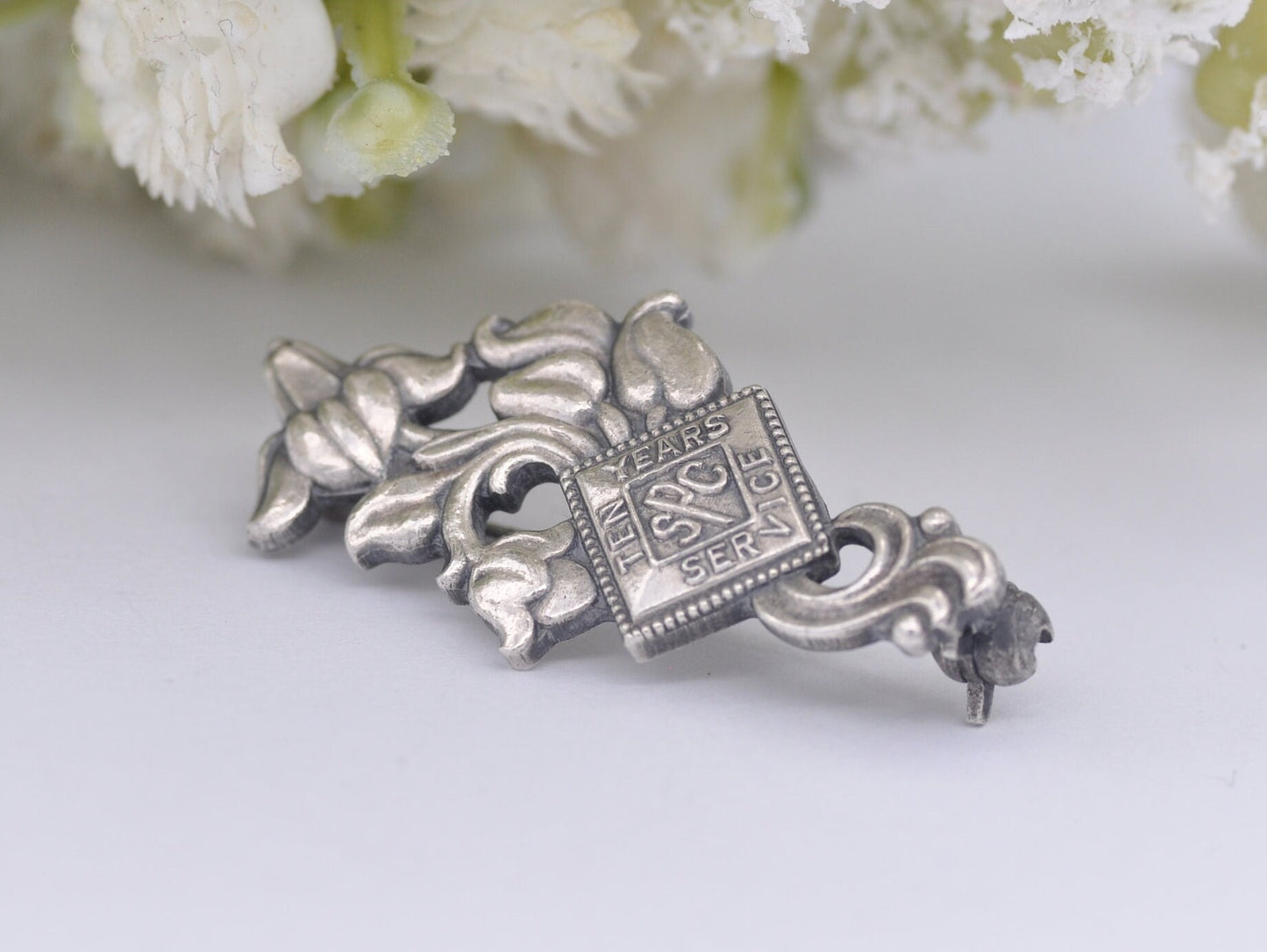 Vintage Sterling Silver 10 Year Service SPC Art Nouveau Style Brooch - Floral / Detailed / Interesting / 1986 / 1980s / 925