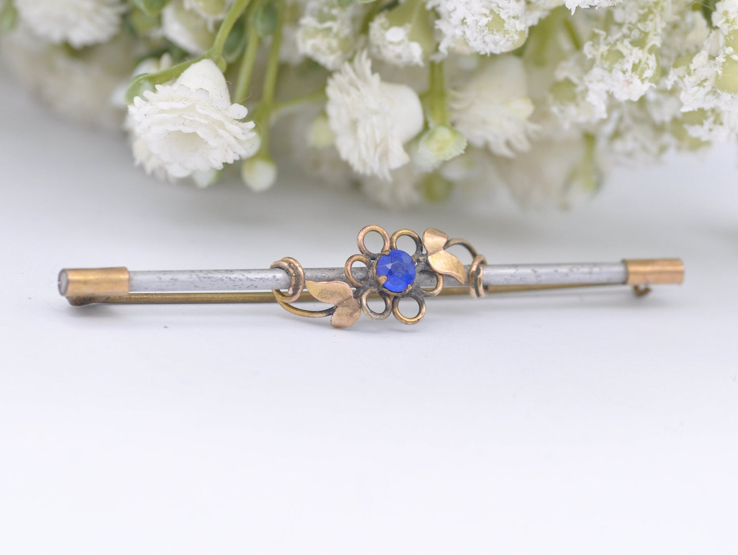 Vintage Rolled Gold Floral Blue Stone Bar Brooch - Pin / Flower / Elegant / Interesting / Unique / Leaf / Nature