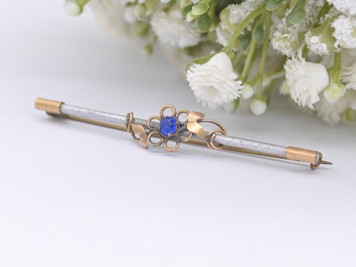 Vintage Rolled Gold Floral Blue Stone Bar Brooch - Pin / Flower / Elegant / Interesting / Unique / Leaf / Nature