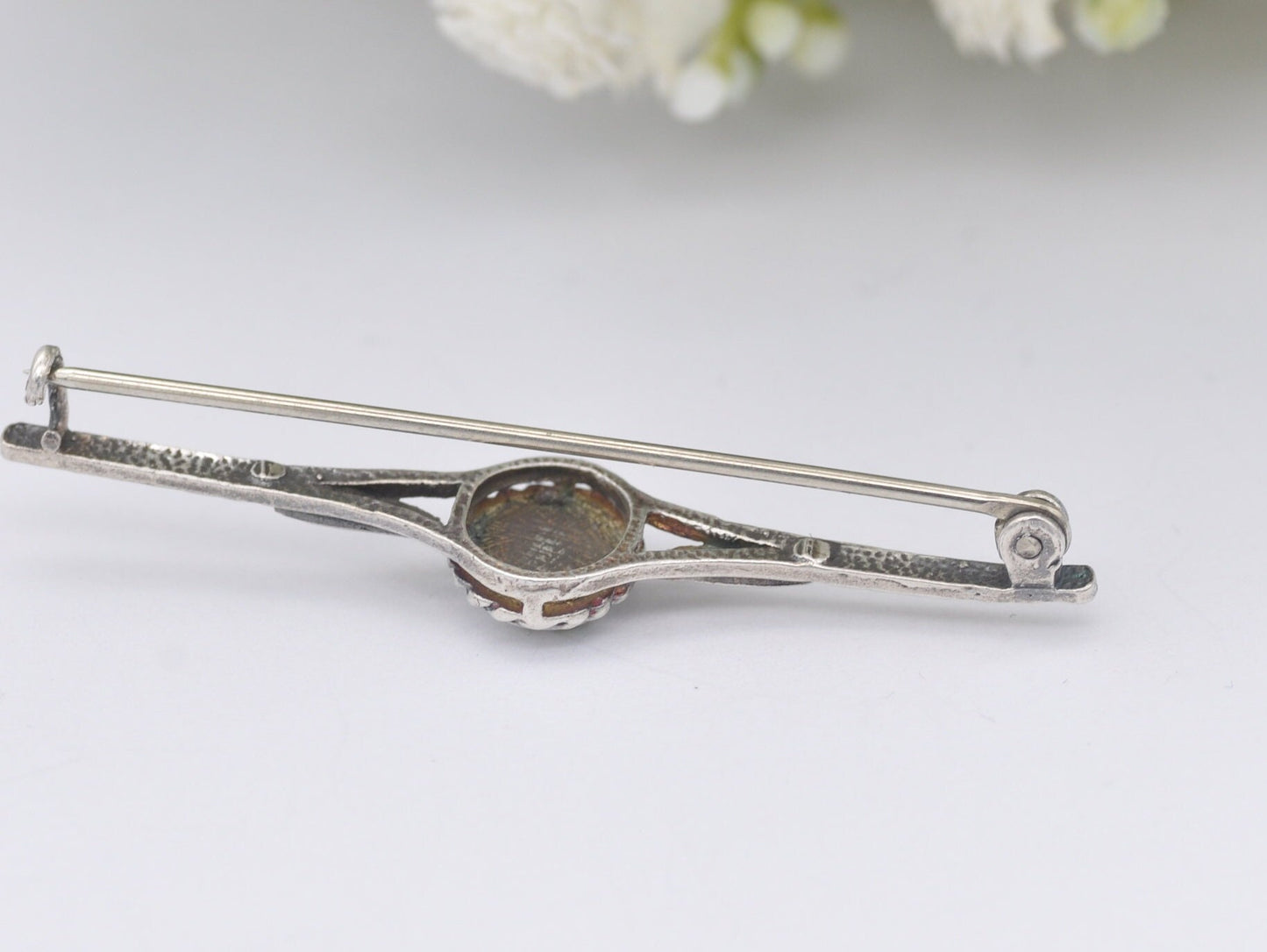 Vintage Silver and Ceramic Flower Bar Brooch - Statement / Pin / Floral / Detailed / Etched / Patterned