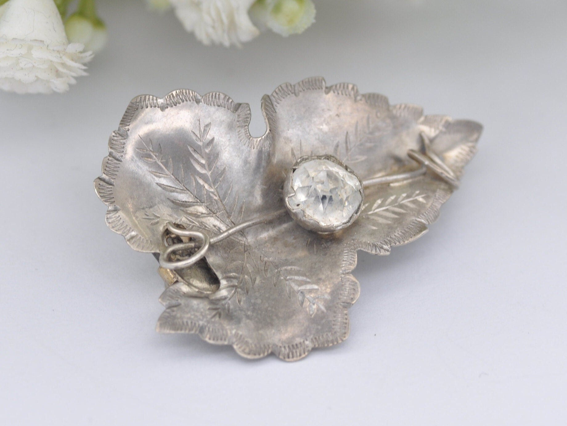 Vintage Silver and Paste Leaf Brooch by A.J.S - Foliate Design / Etching / Floral / Detailed / Patterned / Pin