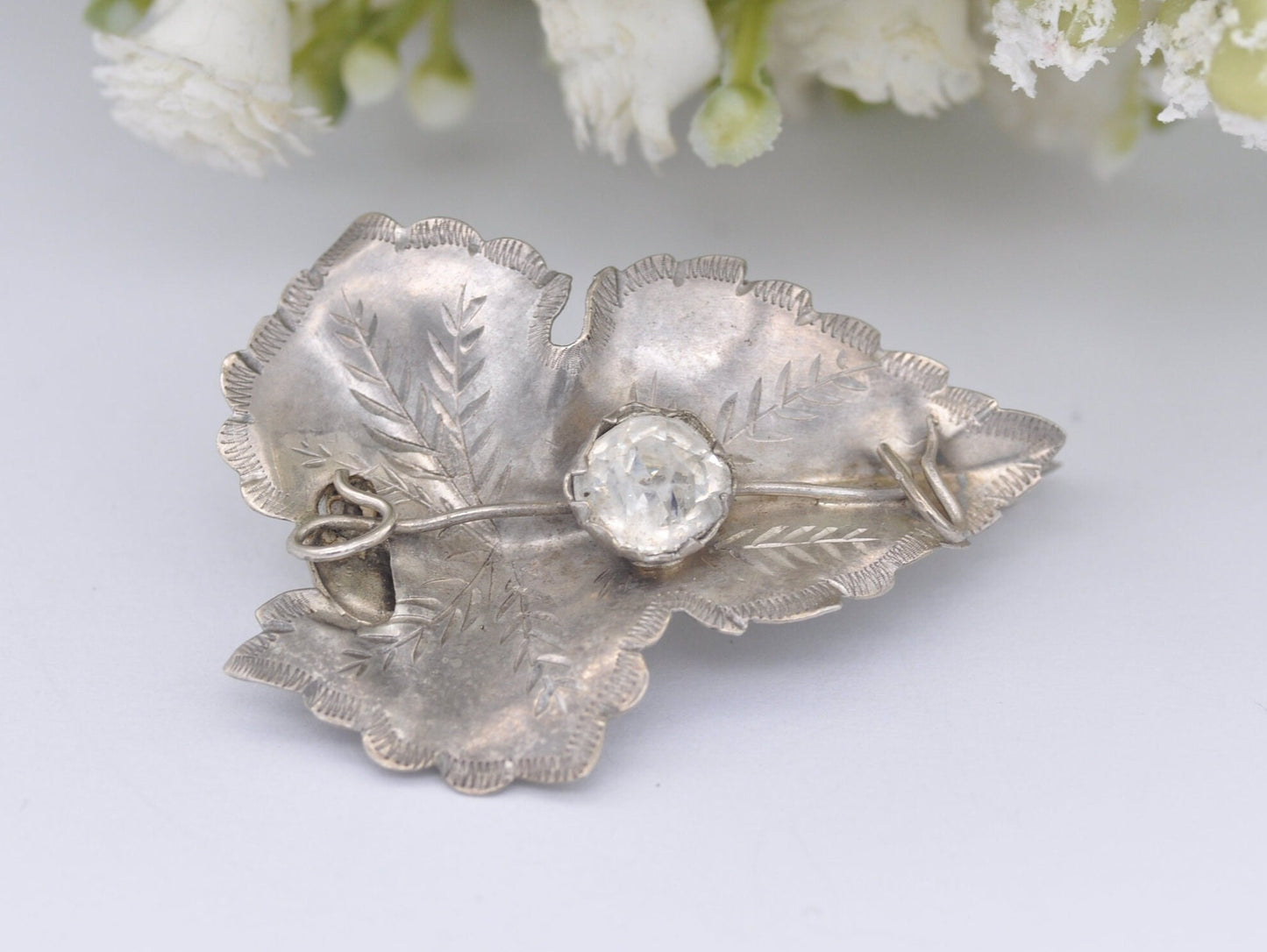 Vintage Silver and Paste Leaf Brooch by A.J.S - Foliate Design / Etching / Floral / Detailed / Patterned / Pin