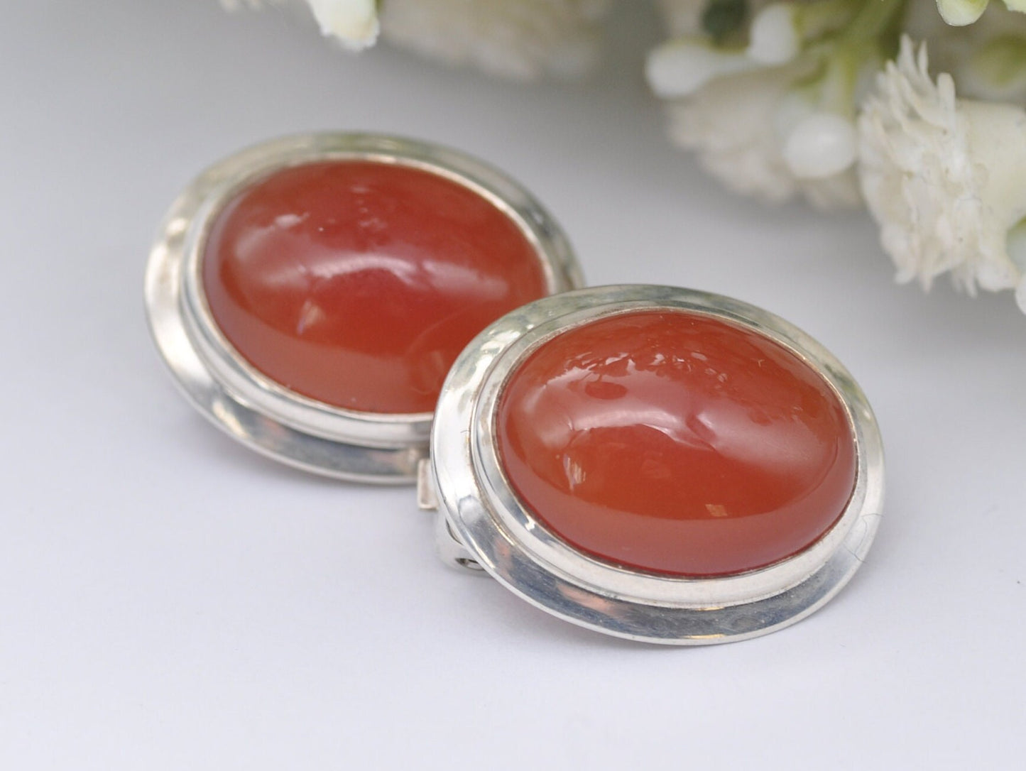 Vintage Sterling Silver Carnelian Clip-On Earrings - Clip On / Red Stone / Statement / Elegant / Oval / Mid-Century