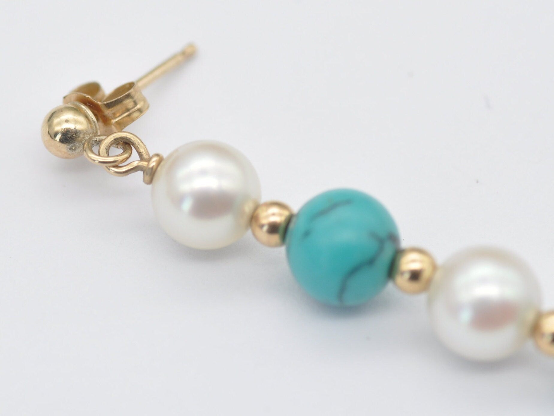 Vintage 9ct Gold, Faux Turquoise and Pearl Drop Earrings - Push Back / Dangle / 9K Gold / 375 / Solid Gold / Bead / Statement / Elegant