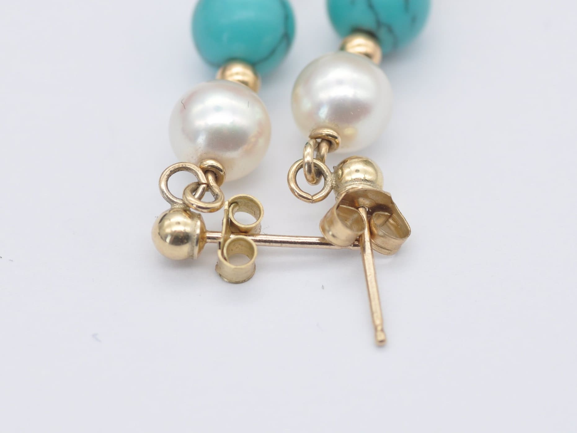 Vintage 9ct Gold, Faux Turquoise and Pearl Drop Earrings - Push Back / Dangle / 9K Gold / 375 / Solid Gold / Bead / Statement / Elegant