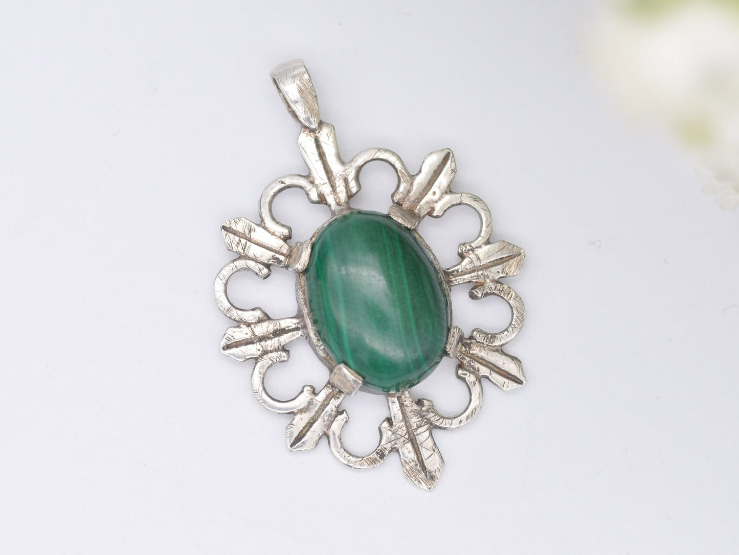 Vintage Sterling Silver and Malachite Celtic Pendant - Patterned / 1980s / 1981 / Green Stone / Mid-Century