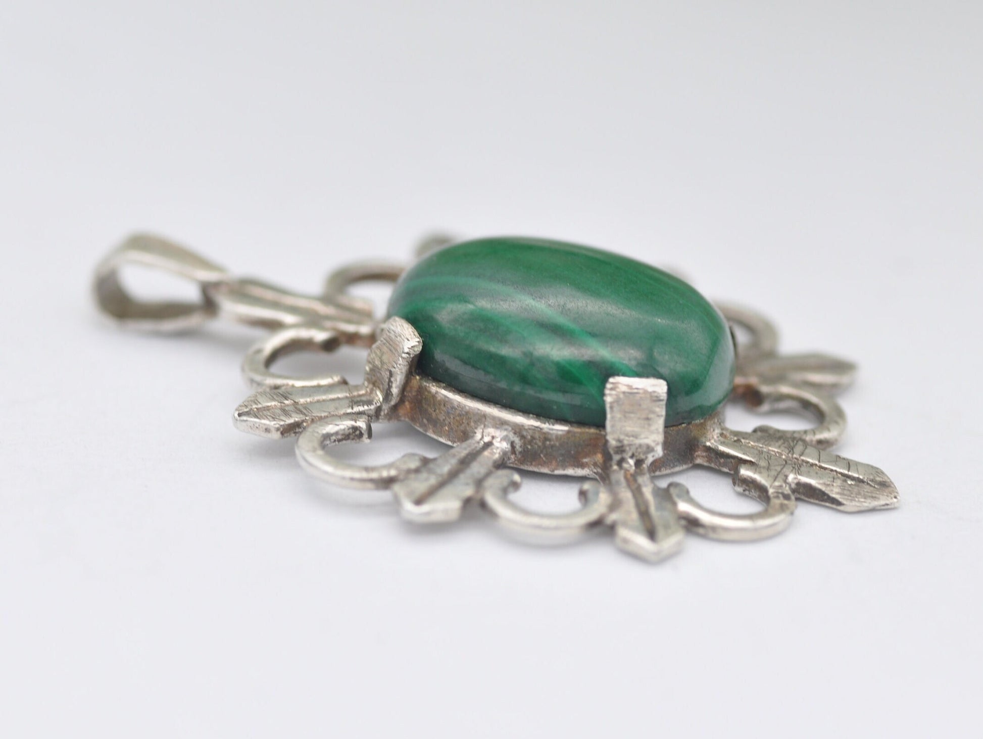 Vintage Sterling Silver and Malachite Celtic Pendant - Patterned / 1980s / 1981 / Green Stone / Mid-Century