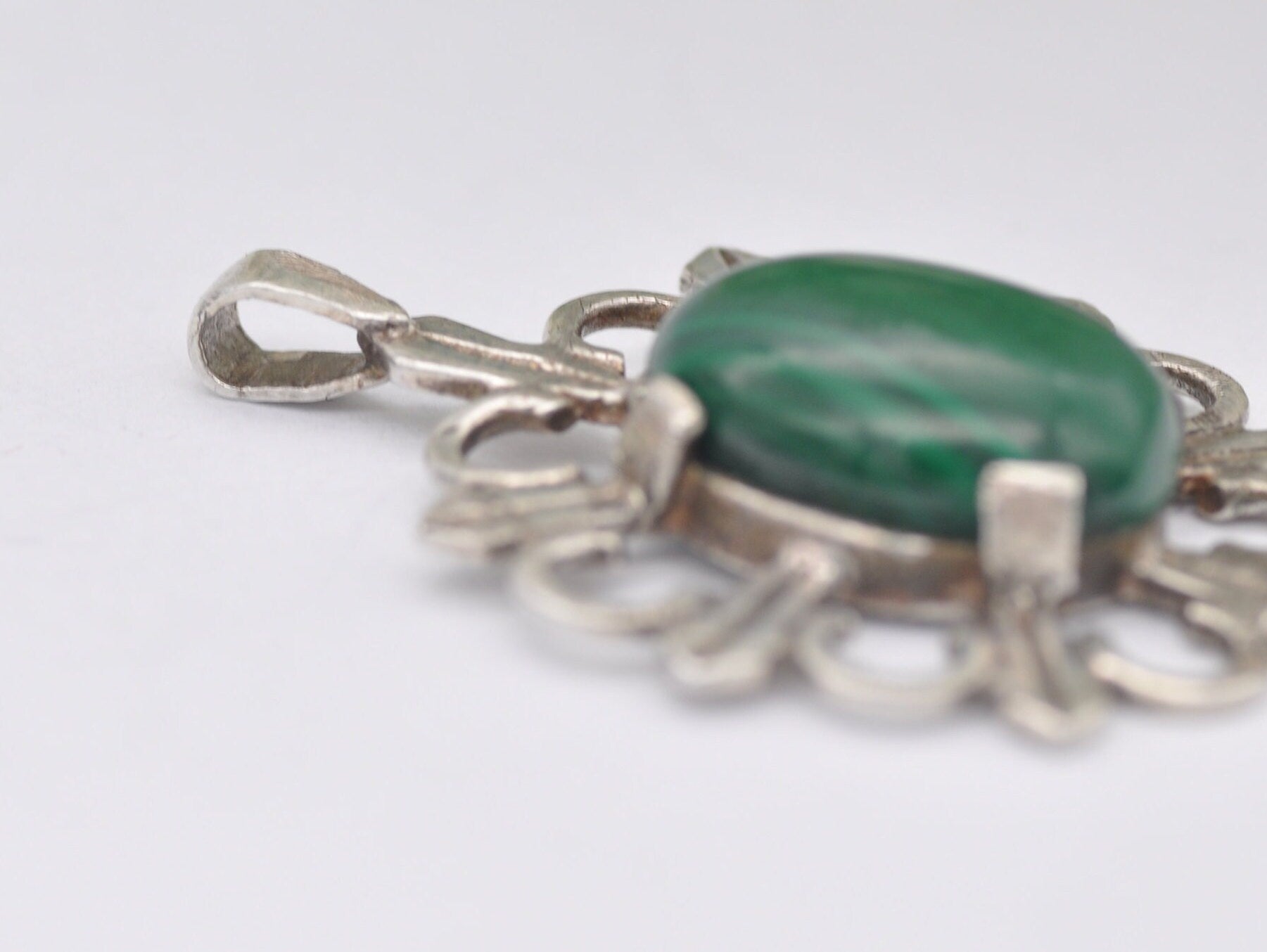 Vintage Sterling Silver and Malachite Celtic Pendant - Patterned / 1980s / 1981 / Green Stone / Mid-Century