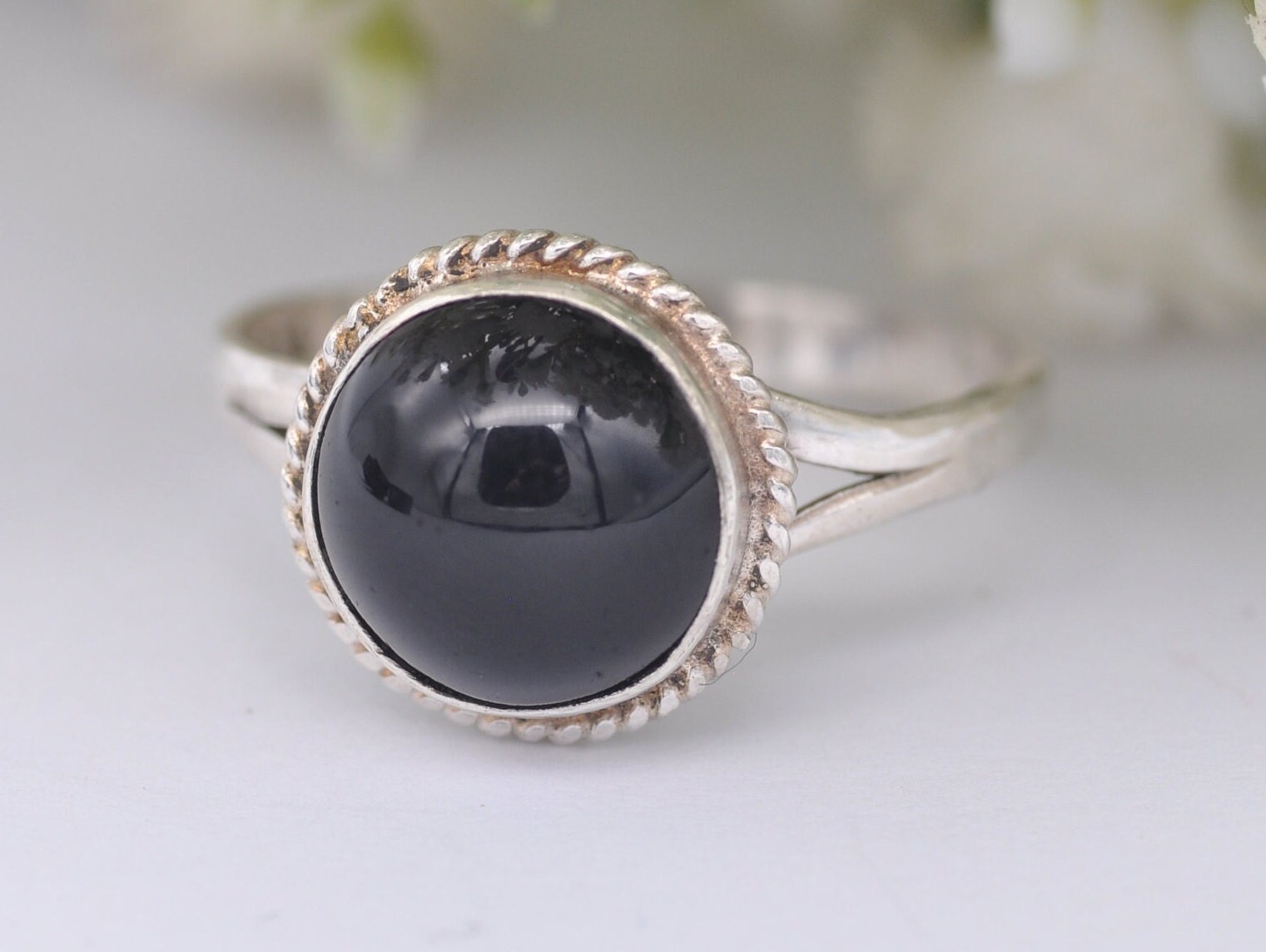 Vintage Sterling Silver and Onyx Solitaire Ring - Statement / Circle / Rope / Detailed / Black / Gift / 925 / UK Size - N 1/2 / US Size - 7
