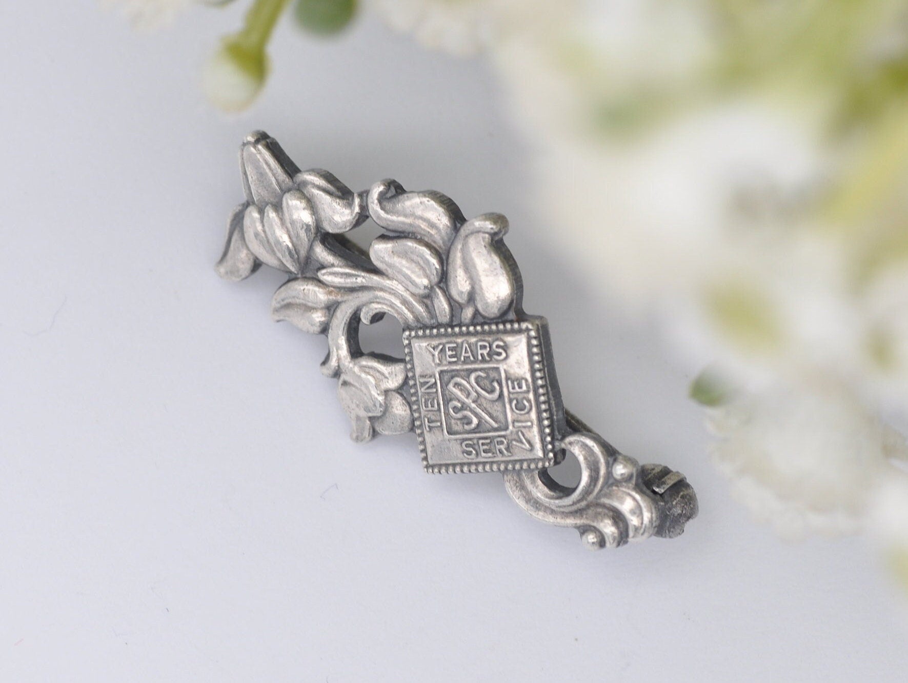 Vintage Sterling Silver 10 Year Service SPC Art Nouveau Style Brooch - Floral / Detailed / Interesting / 1986 / 1980s / 925