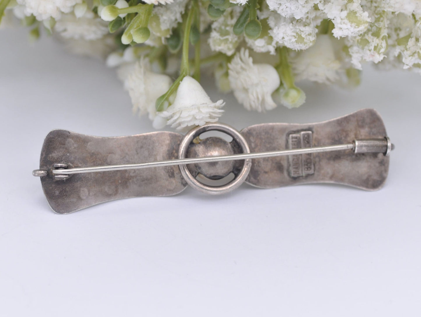 Vintage 835 Silver and Faux Pearl Bar Brooch - Handarbeit / Etching / Interesting / Designer / Mid-Century